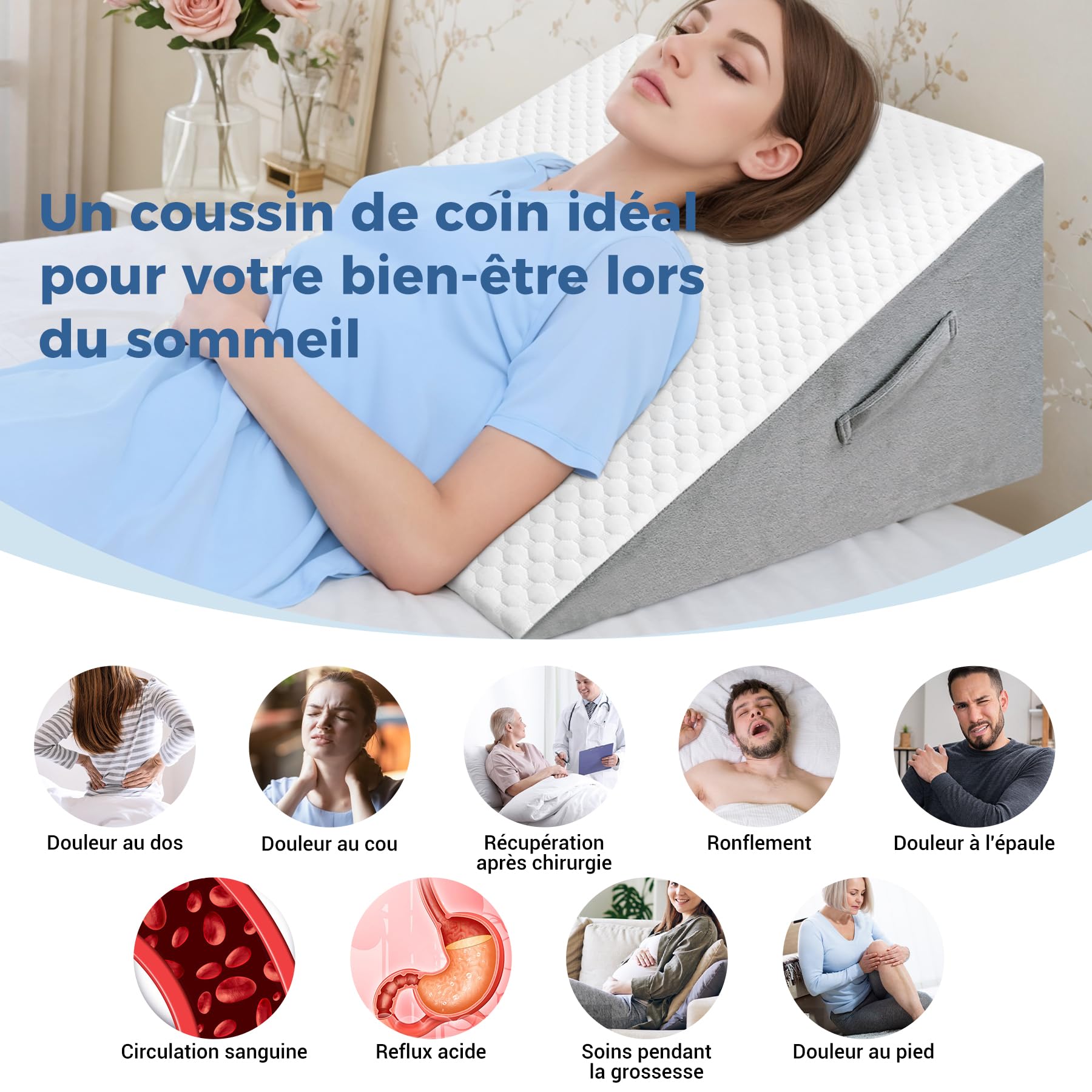 INFANZIA Coussin incliné pour lit, Oreiller Triangulaire Ergonomique en mémoire de Forme pour l'apnée du Sommeil, Coussin de Coin, Le ronflement, Reflux Acide (Blanc)