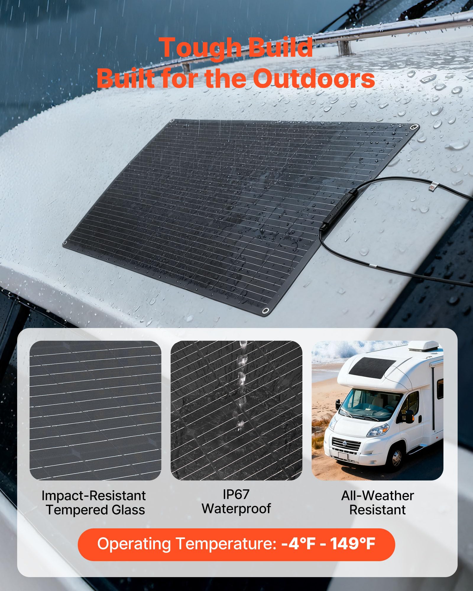 VEVOR Pannello Solare Monocristallino Semi-Flessibile da 100 W, Caricabatterie Mono Off-Grid con Alta Efficienza con Uscita MC4, Impermeabile IP67 per Superfici Curve di Cabine di Camper e Auto