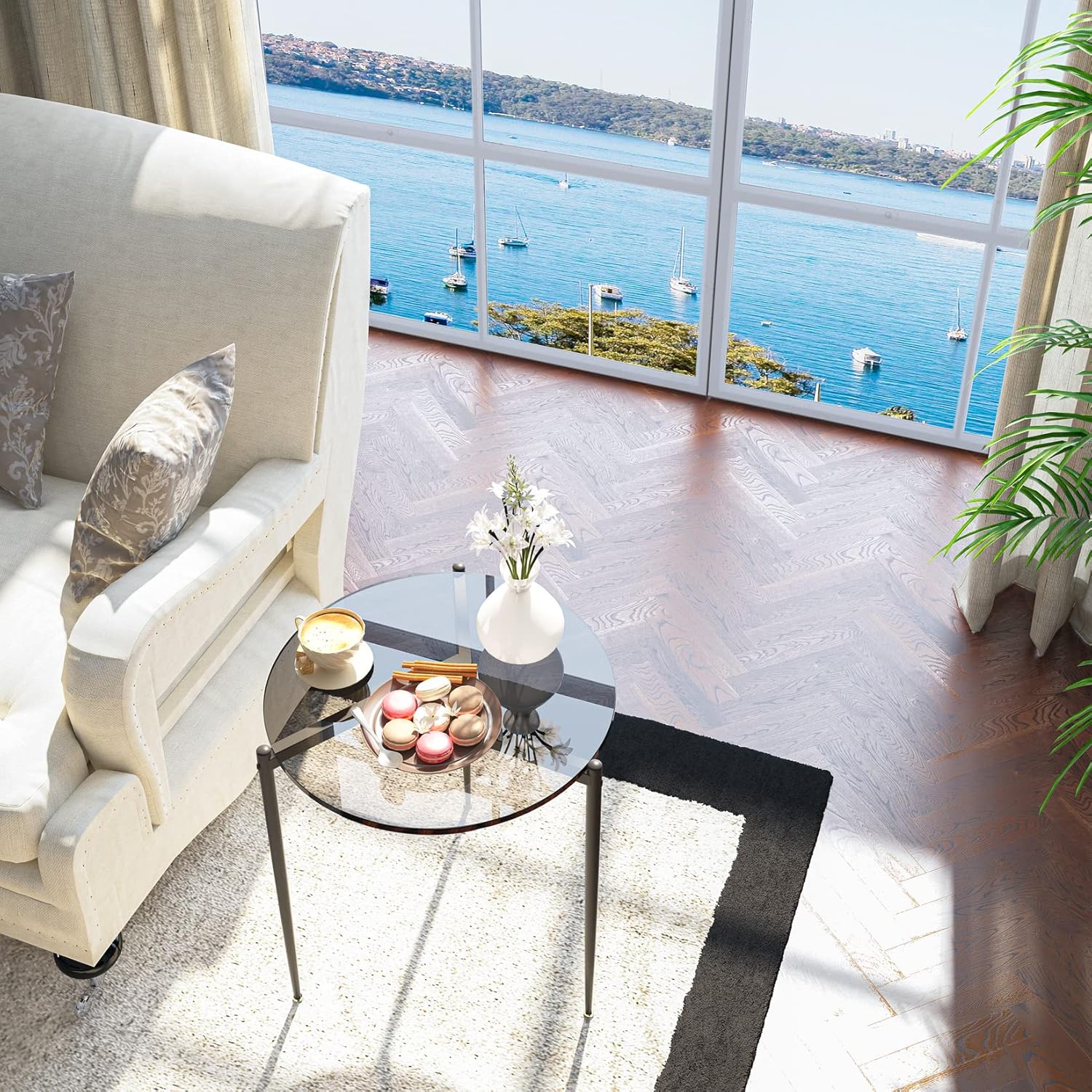 Modern End Table Round Tempered Glass Top Metal Legs 19.8 in Grey