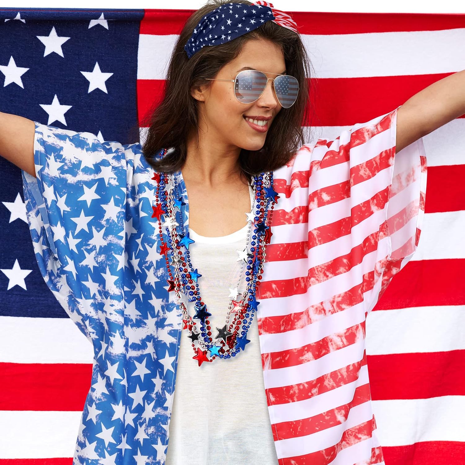 Yahenda 10 Pcs 4th of July Costumes for Women American Flag Cover up Patriotic Kimono Red White Blue Cape Swimwear Independence Day Headband Earrings Dangle Beads Necklace Sunglasses Accessories
