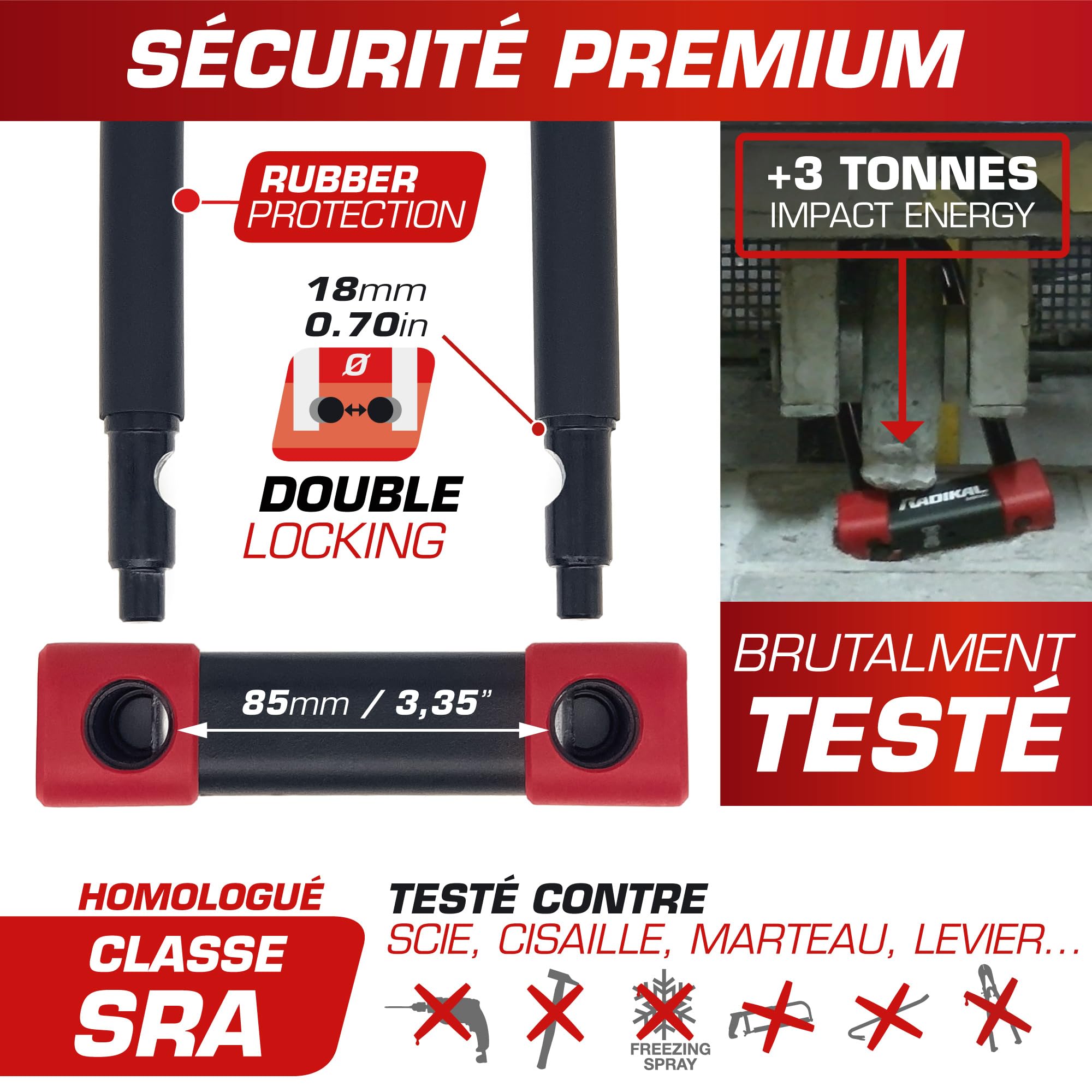 RADIKAL RK300R Antivol Moto et Vélo Premium Homologué SRA, U Ø18mm en Acier Cémenté, Blocage Haute Sécurité, Double Verrouillage, Revêtement Protecteur, Antivol Vélo Électrique Scooter, 85x300mm