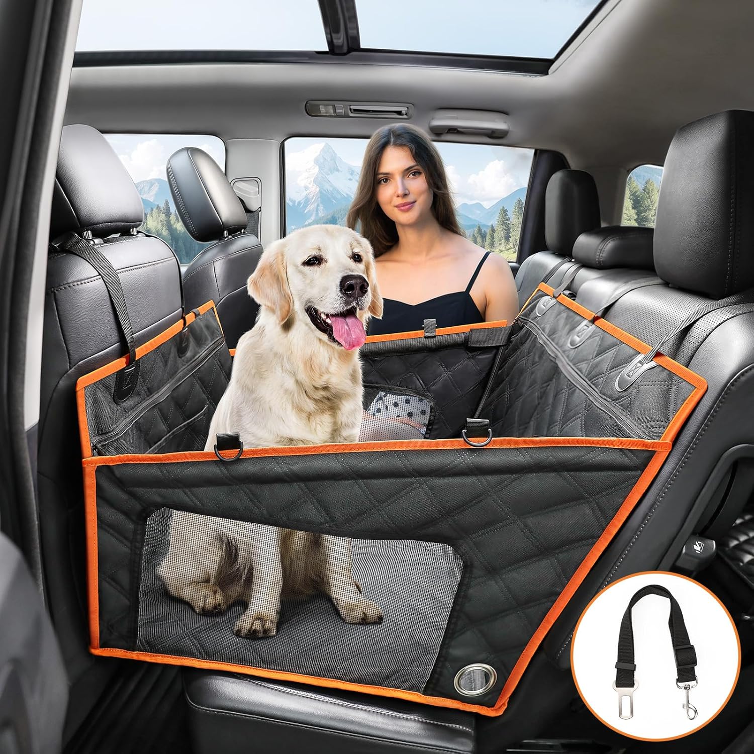 petizer Dog Car Seat for Medium/Large Dogs, Hard Bottom Back Seat Extender for Dogs, Waterproof Dog Car Seat Cover for Back Seat, Dog Hammock for Car with Dog Seat Belt, Pet Car Seat for Car SUV Truck