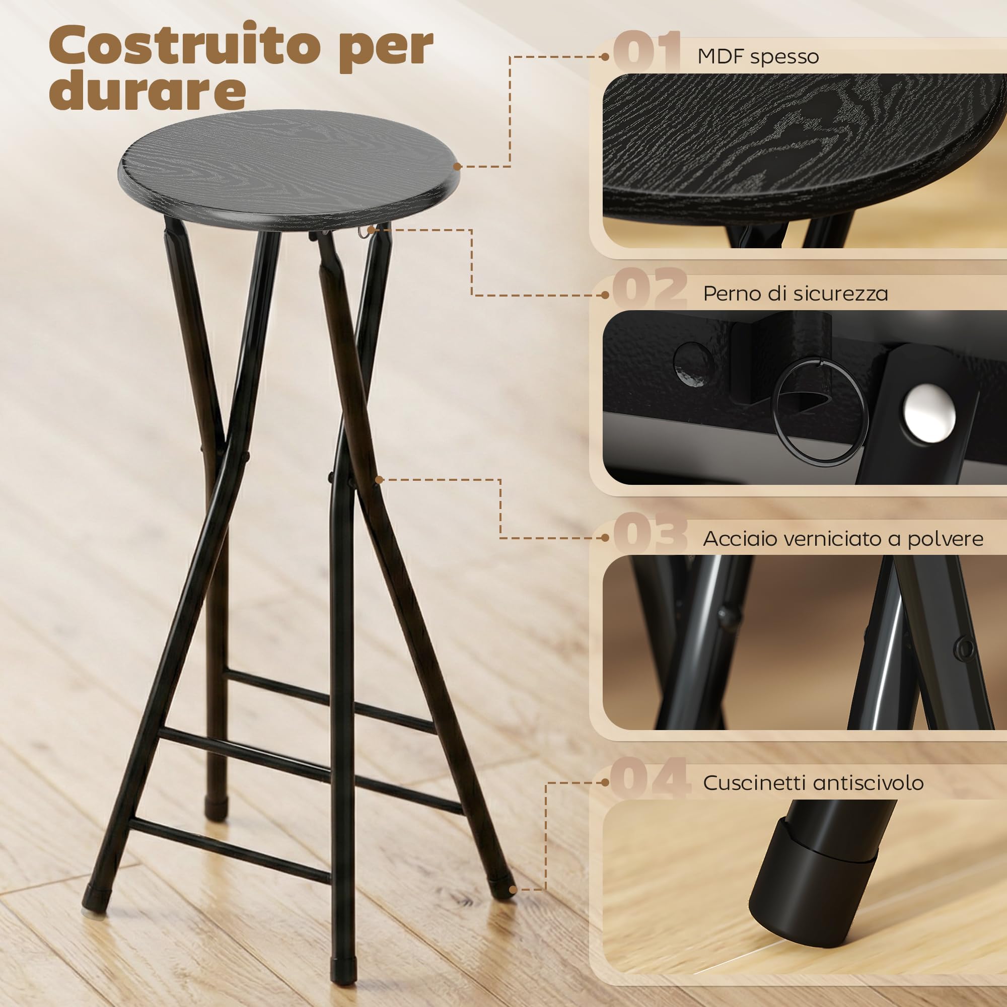 HOMCOM Set 4 Sgabelli Bar Pieghevoli, Sgabelli Cucina Alti Rotondi con 2 Poggiapiedi, Struttura in Legno e Acciaio, Sedie Bar Alte, per Penisola, Nero