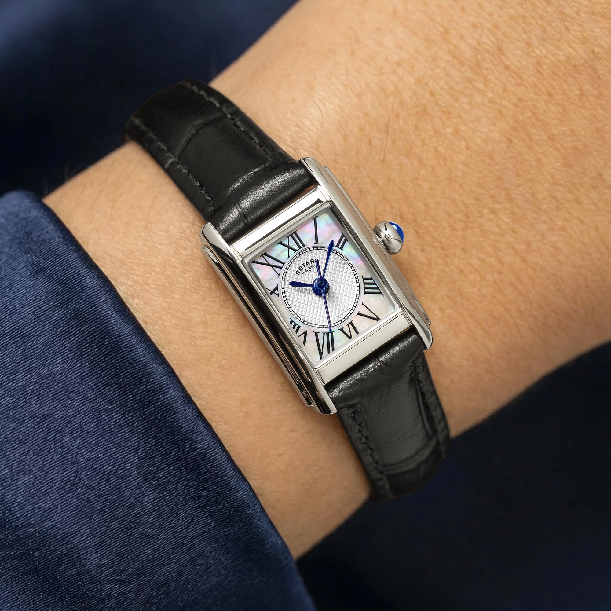 Rotary Damski zegarek z czarnym skórzanym paskiem ze stali nierdzewnej Astoria z masy perłowej