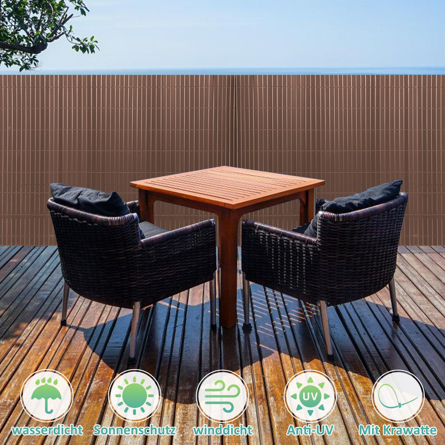 W-Rippenverstärkungen,Braun PVC Sichtschutzmatte Sichtschutzzaun,UV-beständig, schimmelfrei und pflegeleicht,Verstärkt Starke Privatsphäre für Garten Balkon Terrasse(1.8 * 5M)