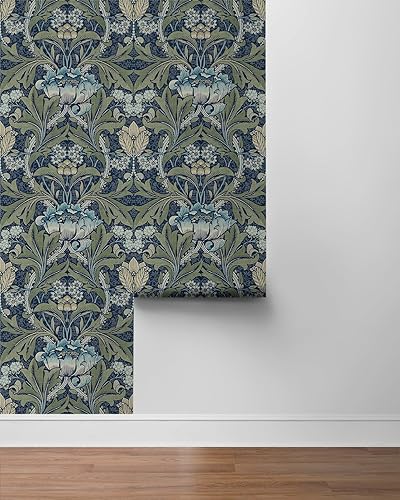 Miniatura 8 de NextWall Papel tapiz floral de Acanthus para despegar y pegar (Denim y salvia)