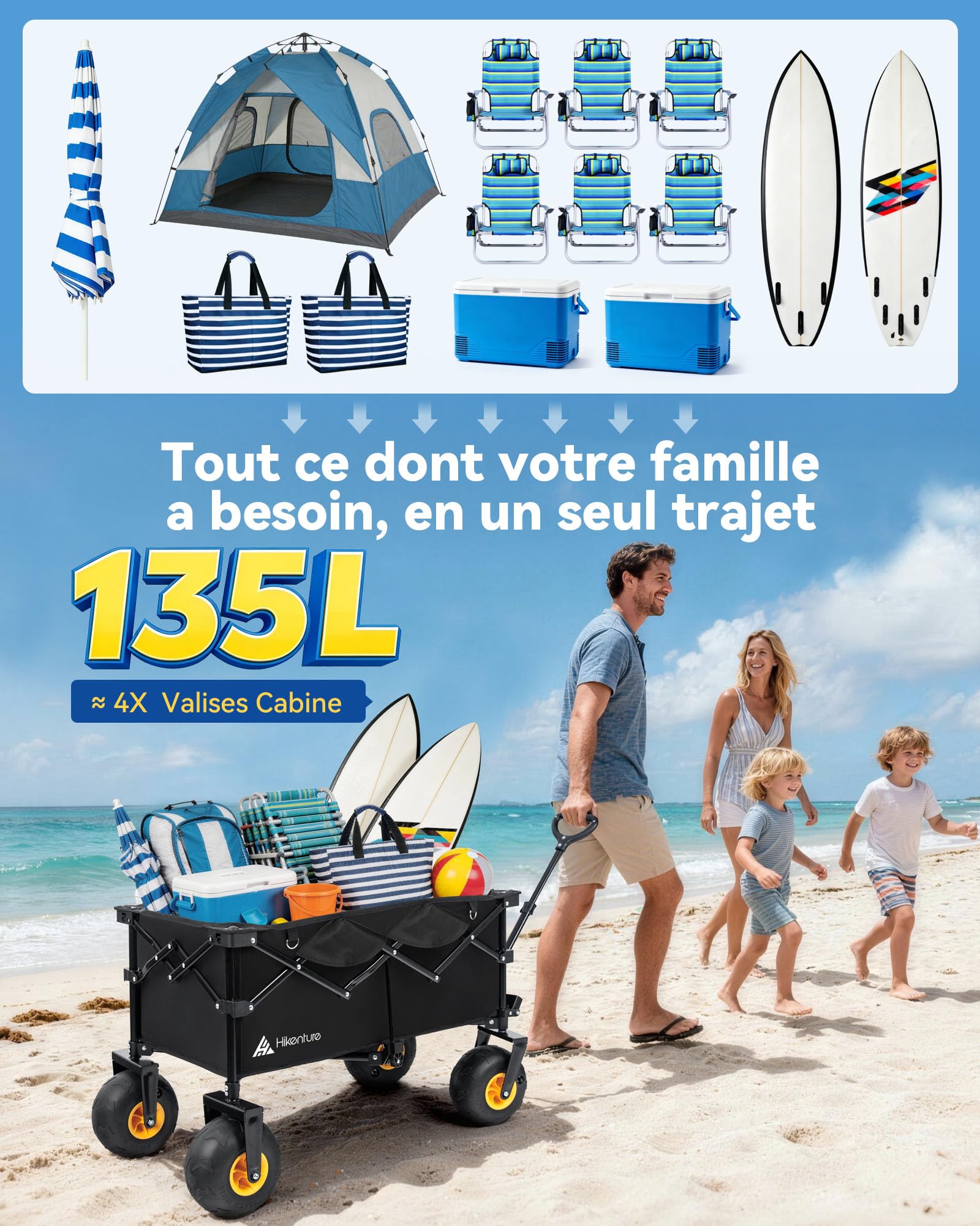 HIKENTURE Chariot de Plage Pliable 135 L, Grosses Roues Ballon 190 mm × 100 mm - Chariot Pliable Tout-Terrain - Charge 150 KG - Chariot de Transport pour Plage, Camping, Courses ou Jardin