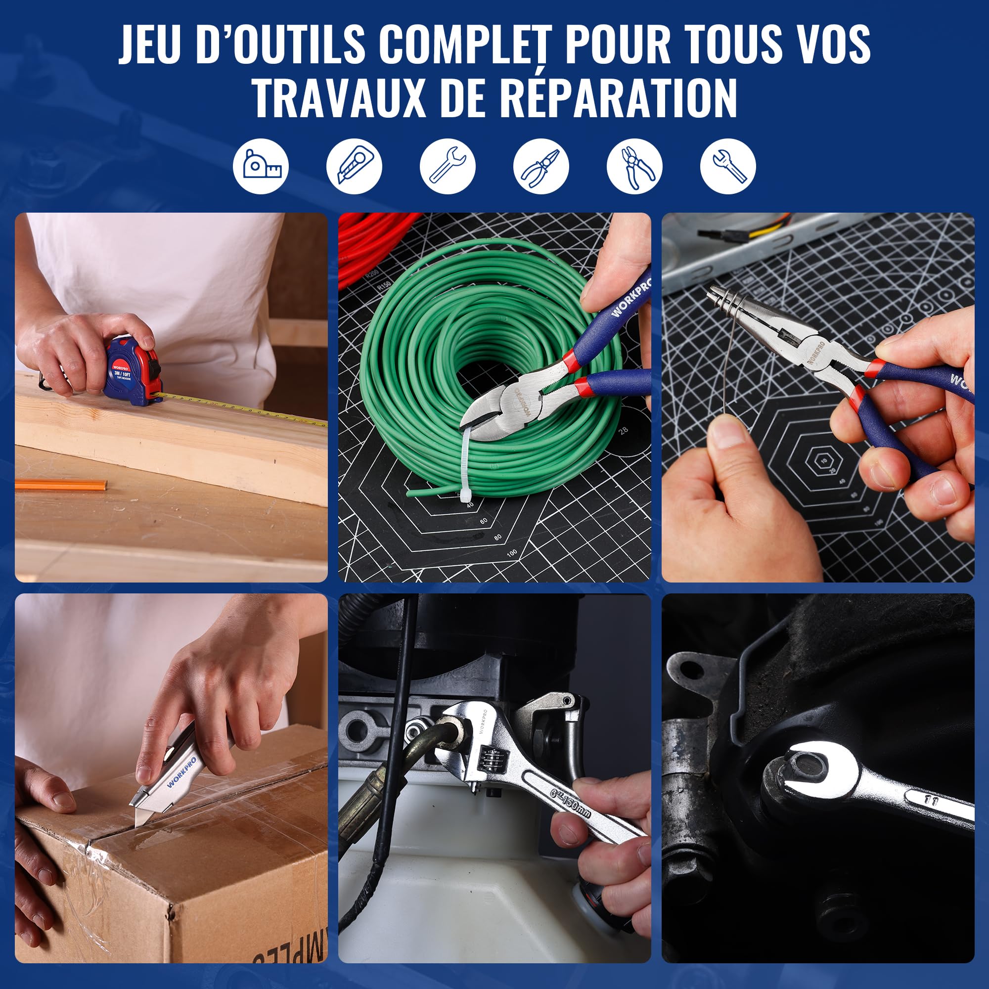WORKPRO Kit d'Outils Maison 160 Pièces avec Mallette de Rangement | avec Tournevis, Pinces, Clés, Marteau et Cliquet, Idéal pour Bricolage et Entretien Domestique