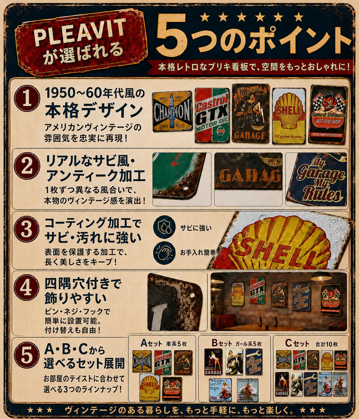 Amazon.co.jp: PLEAVIT ブリキ看板 アメリカン レトロ ガレージ 壁掛け