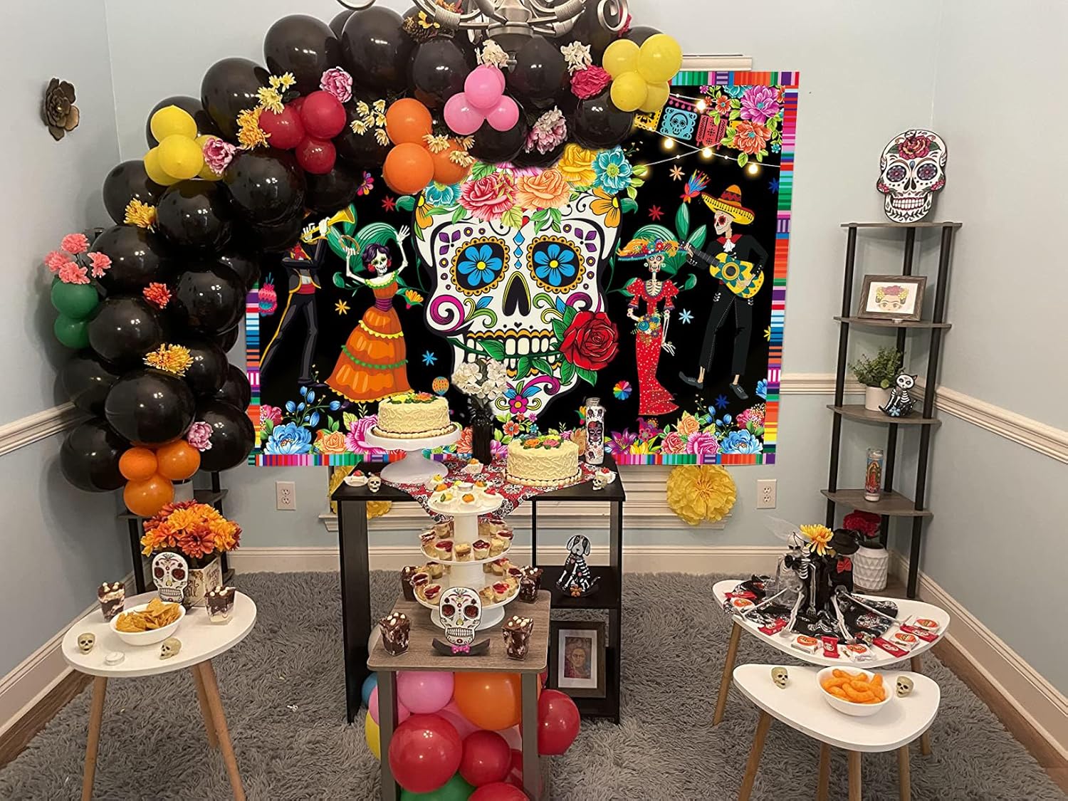 死者の日の背景幕 8x6フィート シュガースカル 花 Dia DE Los Muertos写真背景 メキシコフィエスタテーマ ベビー