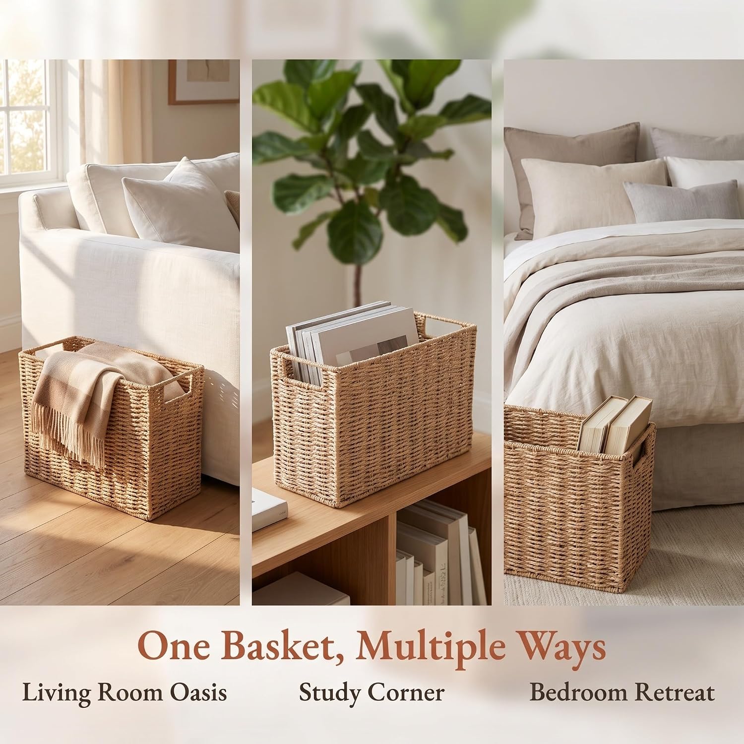 OUNONA Newspaper Basket, Narrow Rectangular Woven Magazine Bin 15"X11"