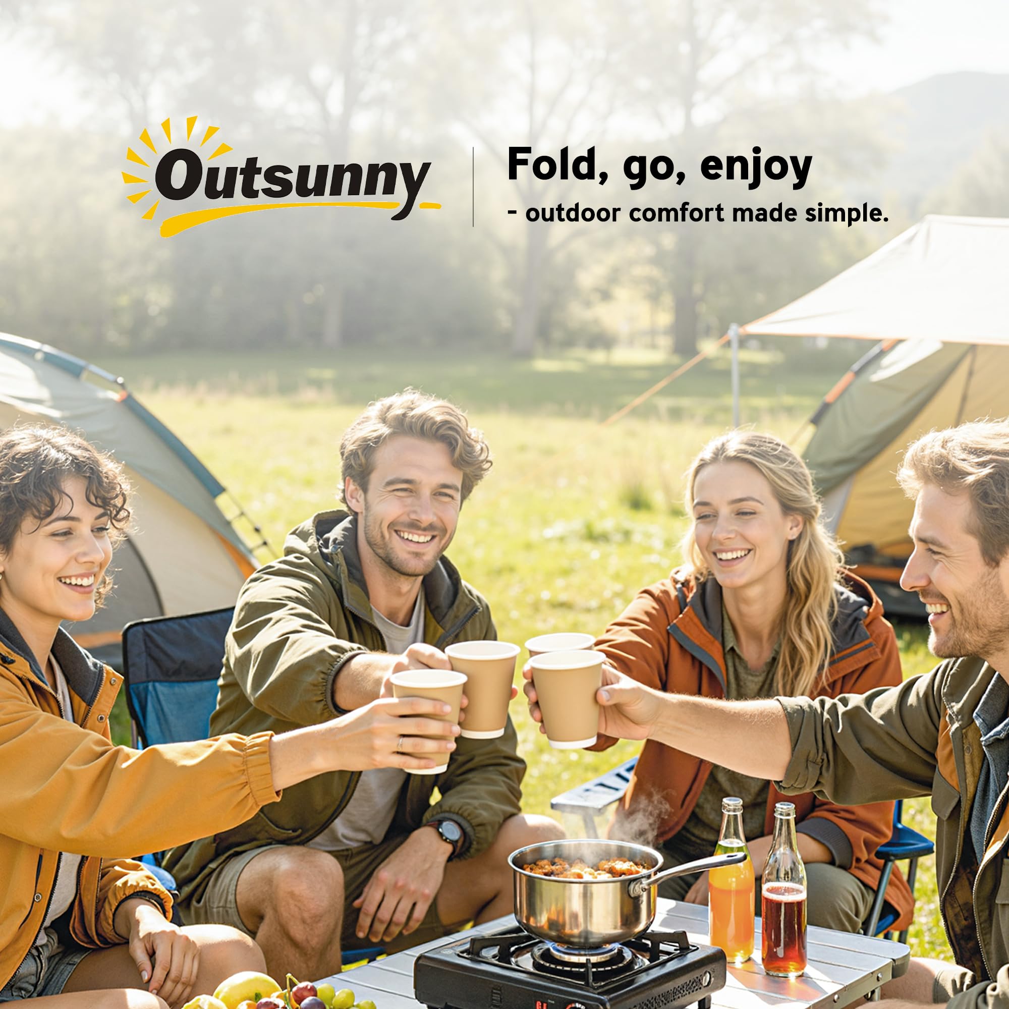 Outsunny Set Tavolo da Campeggio Pieghevole con 2 Sedie, Tavolo da Pic Nic e 2 Panche da Esterno, Set Tavolino Campeggio con Maniglie in HDPE e Metallo, per Picnic, Mare, Spiaggia, Giardino, Bianco