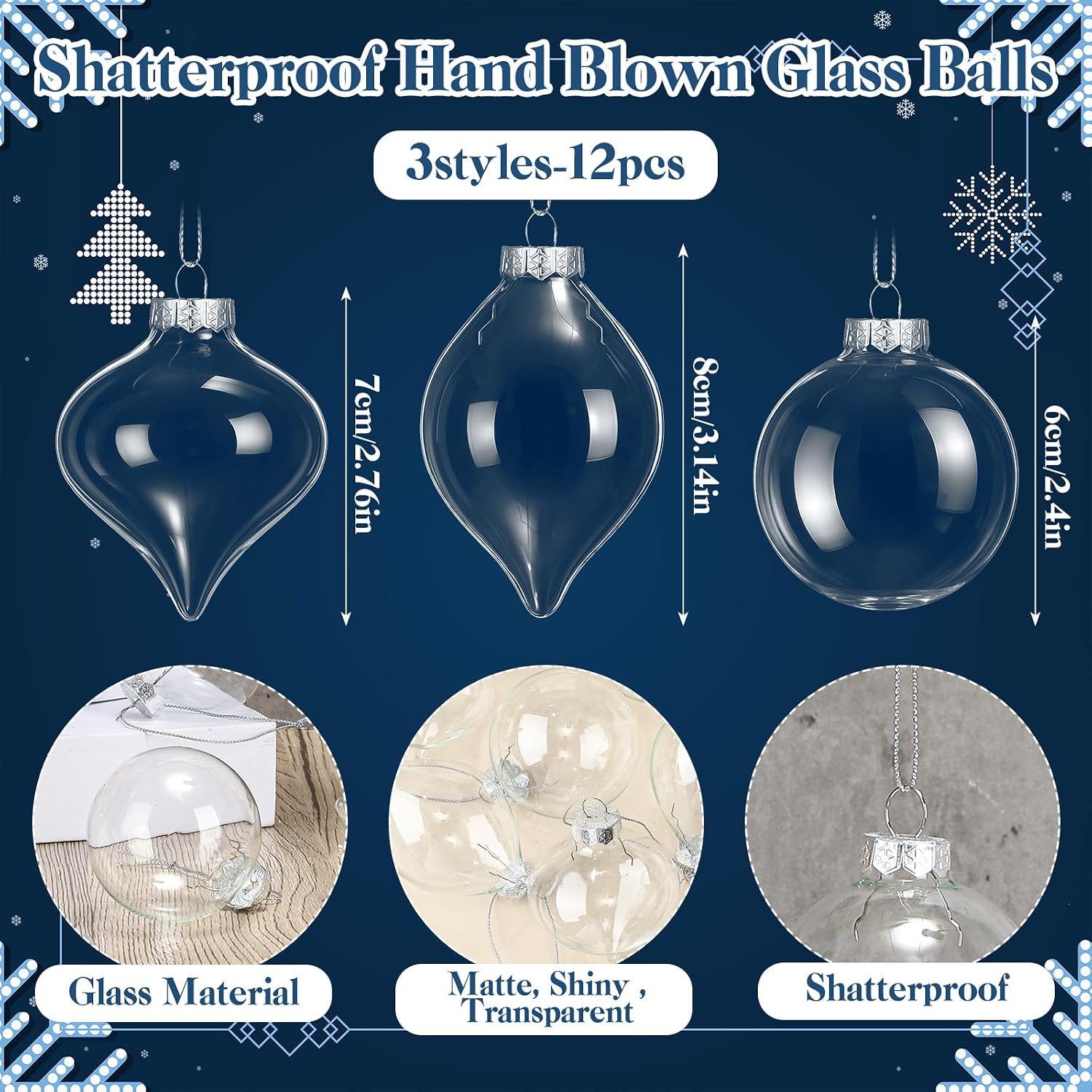 Zomiboo 12 Pcs Clear Glass Christmas Ball Ornaments Set 3.15"