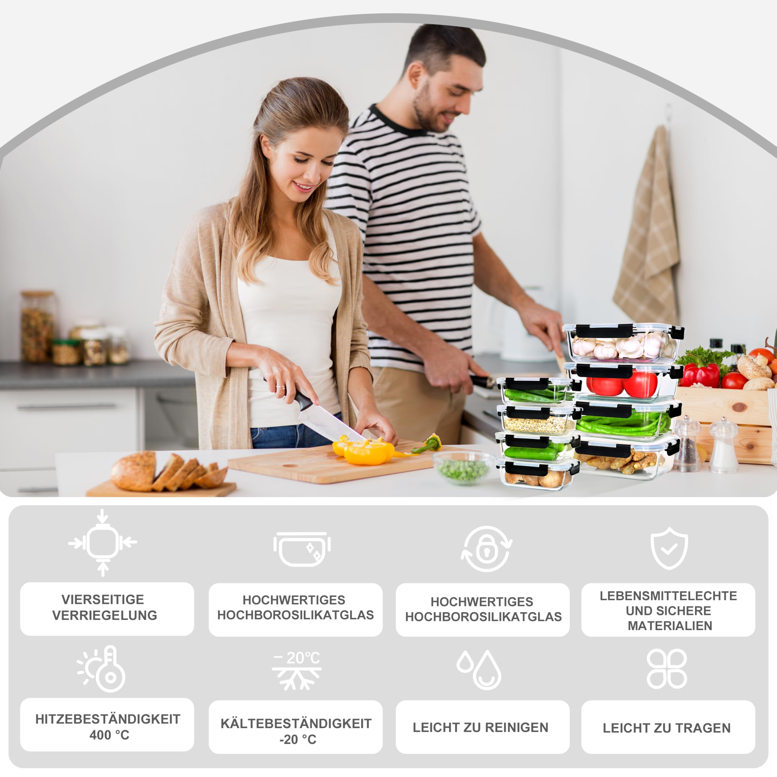 ERUIV Set di contenitori in vetro, contenitori per alimenti per cucina e ristorante con coperchi in plastica di alta qualità, ermetici, a prova di perdite, riutilizzabili, senza BPA (8 contenitori)
