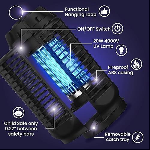 Vista 2 de LiBa Exterminador Eléctrico de Insectos, Matador de Insectos para Exteriores e Interiores con Interruptor – Rejilla Potente de 4000V, 20W Brillo