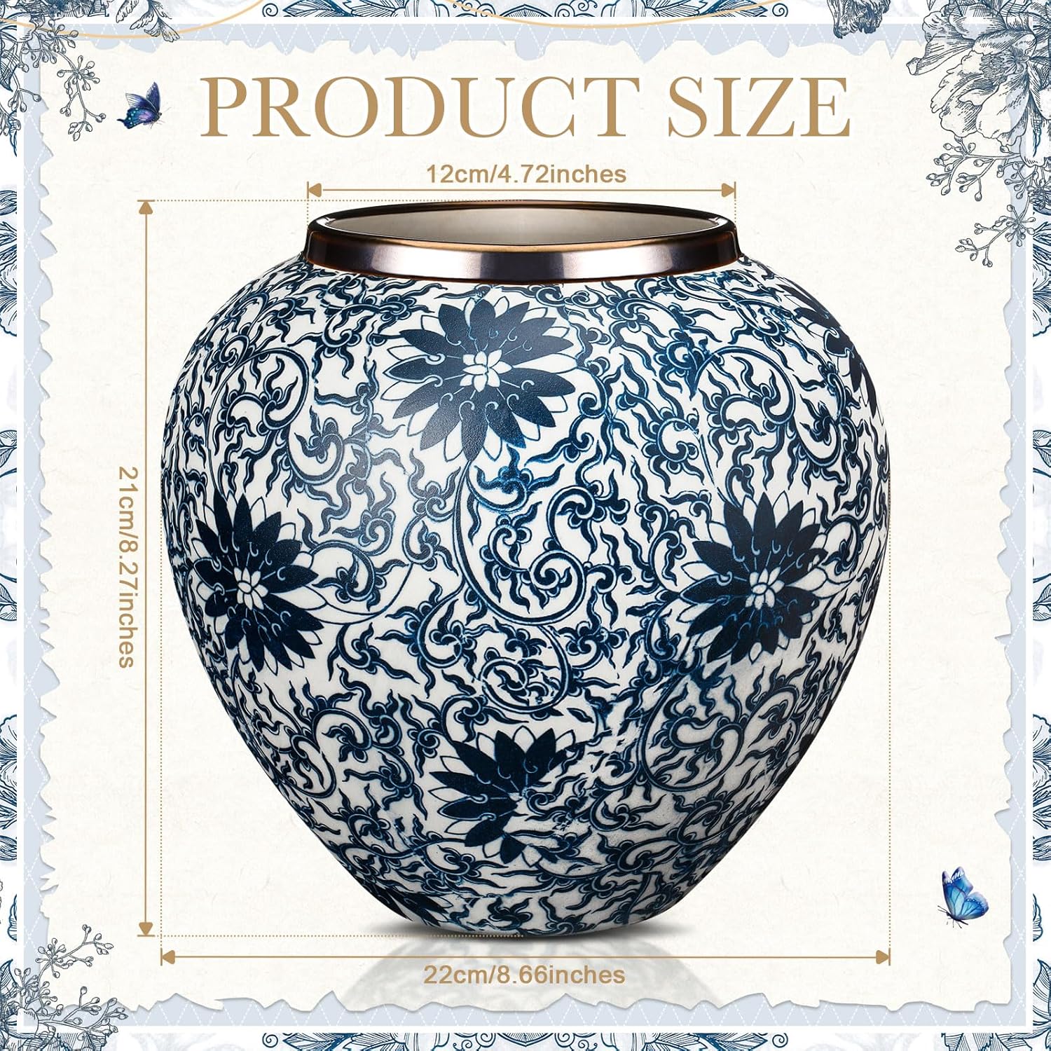 Mimorou Porcelain Blue and White Vases Ceramic Vintage Chinoiserie Floral Vase 8.27" H Terracotta Rustic Large Pottery Bud Chinese Flower Jardiniere for Home Office Decor Centerpieces(Chrysanthemum)