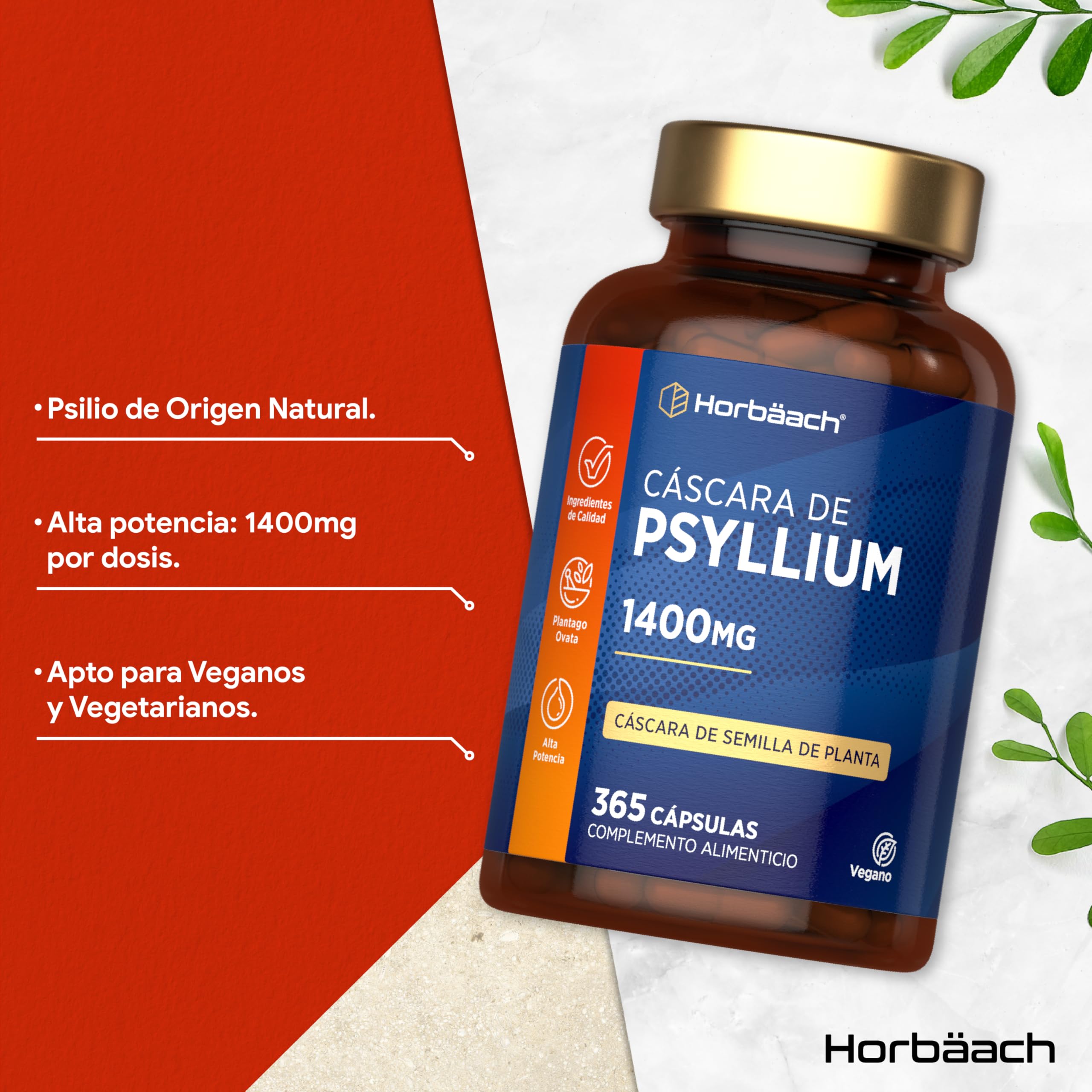 Psyllium Husk 1400 mg | 6 Meses de Suministro - 365 Cápsulas Veganas | Cáscara de Psyllium | Fibra de Psilio | Suplemento Fuente de fibra | Prebiótico Natural | Horbaach