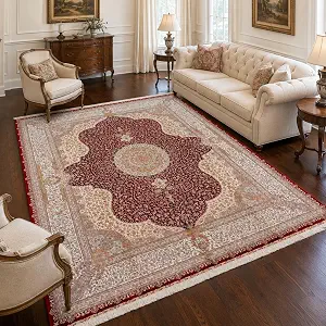 TIANJIANG Hand-Knotted Silk Rug, Burgundy Medallion, 8 x 10 ft