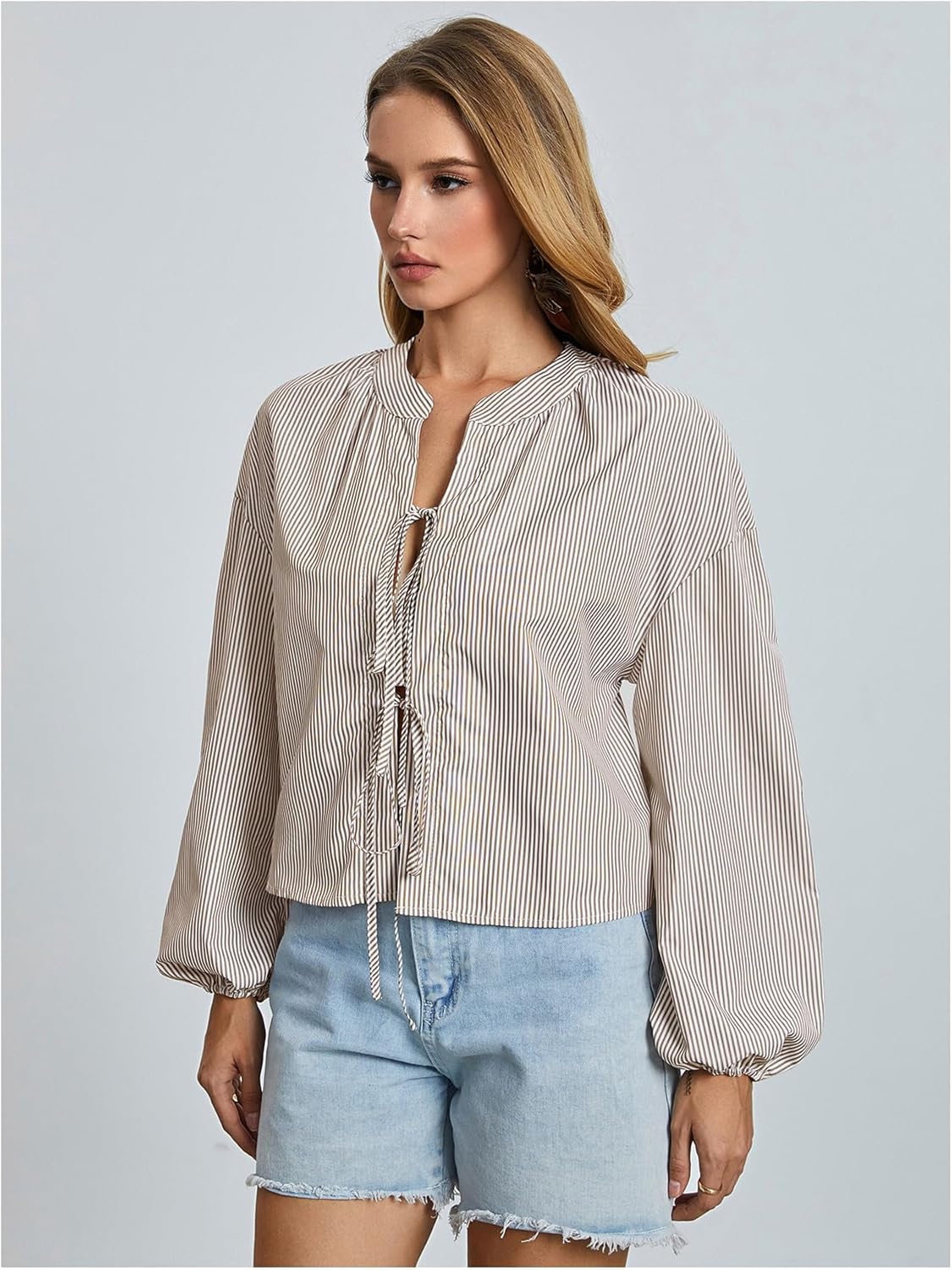 SweatyRocks Women's Striped Long Puff Sleeve Shirts Tie Front Tops Bow Casual Loose Going Out Tops - Image 5
