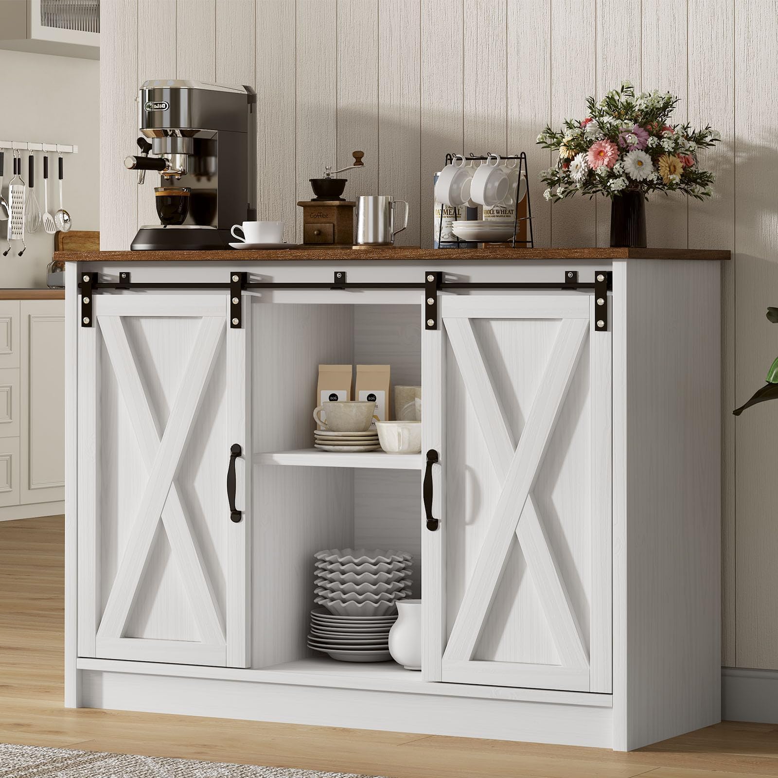 4 EVER WINNER Coffee Bar Cabinet with Sliding Barn Doors, 42”Farmhouse Buffet Cabinet with Storage for Kitchen, Coffee Bar with Adjustable Shelf for Dining Room, White