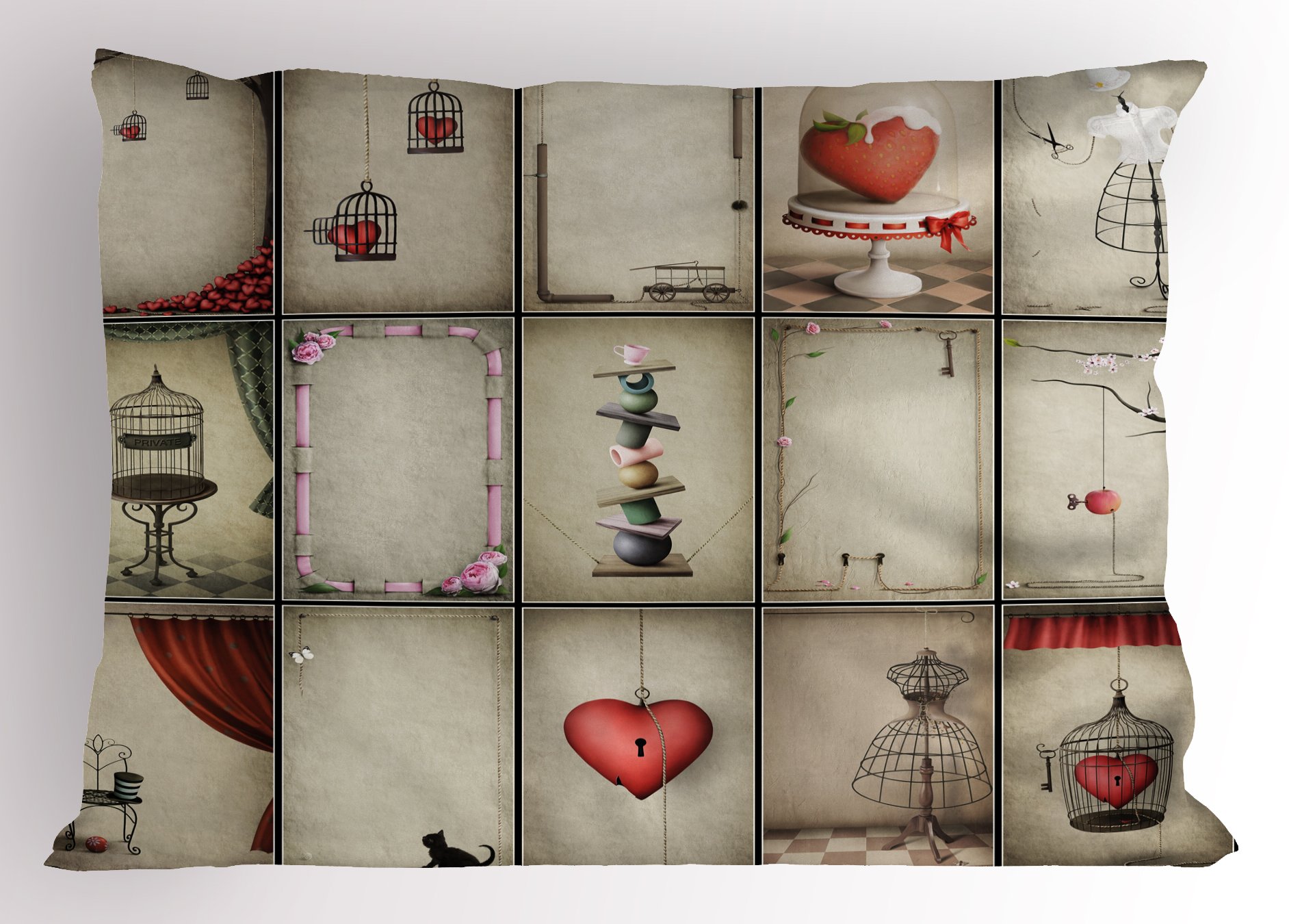 Ambesonne Vintage Pillow Sham, Valentines Day Inspired Hearts in Captivity Retro Elements Dresses and Cat, Decorative Standard Size Printed Pillowcase, 26