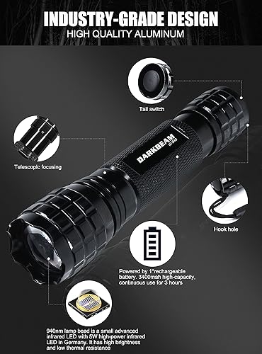 Miniatura 3 de DARKBEAM Linterna IR Infrarrojos 940nm Luces LED Mini para Visión Nocturna, recargable Portátil Táctica IR Iluminador Antorcha, Enfoque Ajustable