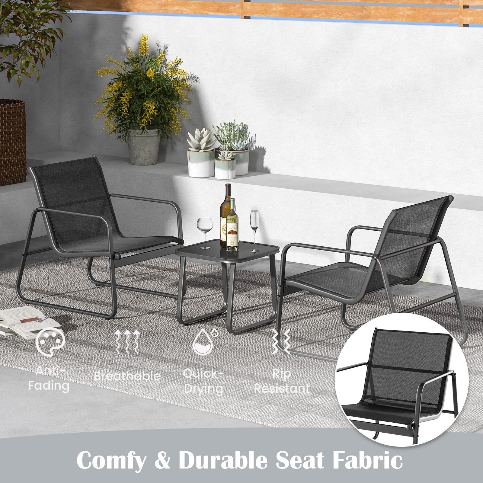 KOMFOTTEU Set da Bistrò in Tessuto Textilene, Set da Giardino in 3 Pezzi, Tavolo Portato 30 kg, 2 Sedie Portate 150 kg, Set Tavolo e Sedie da Esterno, Patio, Cortile, Veranda (Nero)