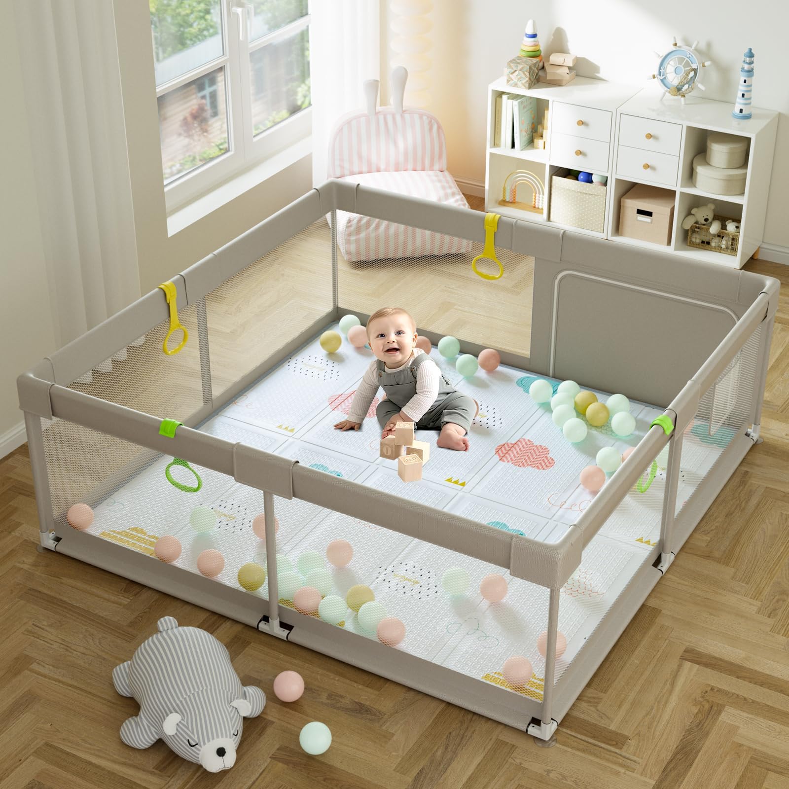 Playpens with Mat, 59x59inch Play Pen for Babies and Toddlers Indoor, Baby Fence, Large Play pens for Babies, Playard,150x150cm