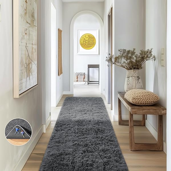 Ophanie 2x8 Runner Rug for Hallway, Upgrade Non-Slip Fluffy Soft Bedside Rugs, Bedroom Living Room Grey Shaggy Gray Carpet for Kids Girls Boys Dorm Nursery Home Decor Aesthetic