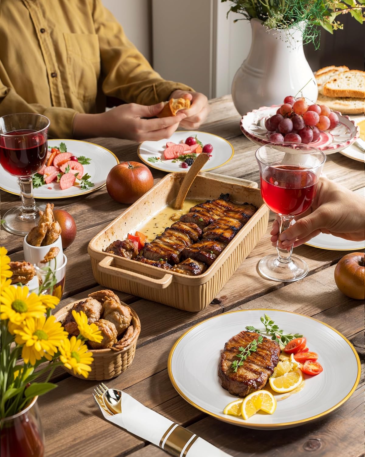 Morejoy 350PCS Pearl White and Gold Plastic Plates - Disposable Gold Party Plates & Pre Rolled Napkins with Cutlery for 50 Guests, 100Plates, 150Silverware, 50Cups, 50Napkin for Party & Thanksgiving - Image 6