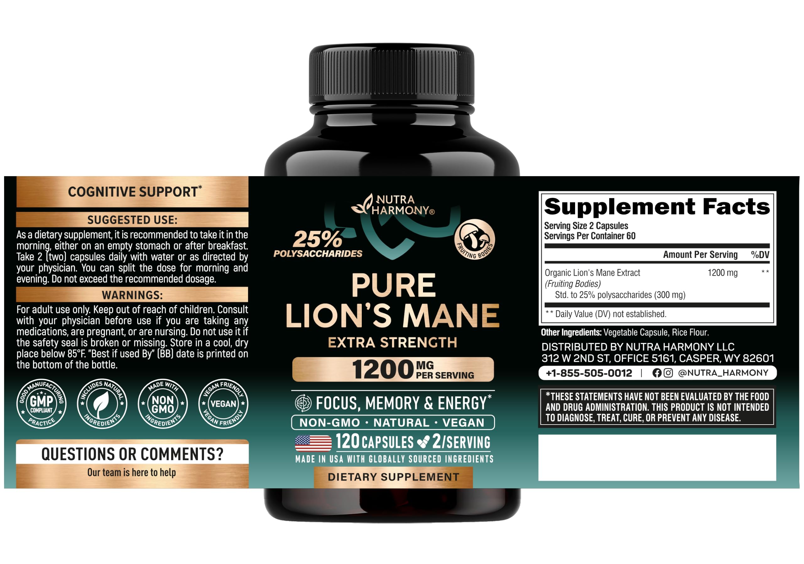 Lions Mane Supplement Capsules - Organic Lions Mane 1200 mg, 120 Vegan Caps — Amazon image 2