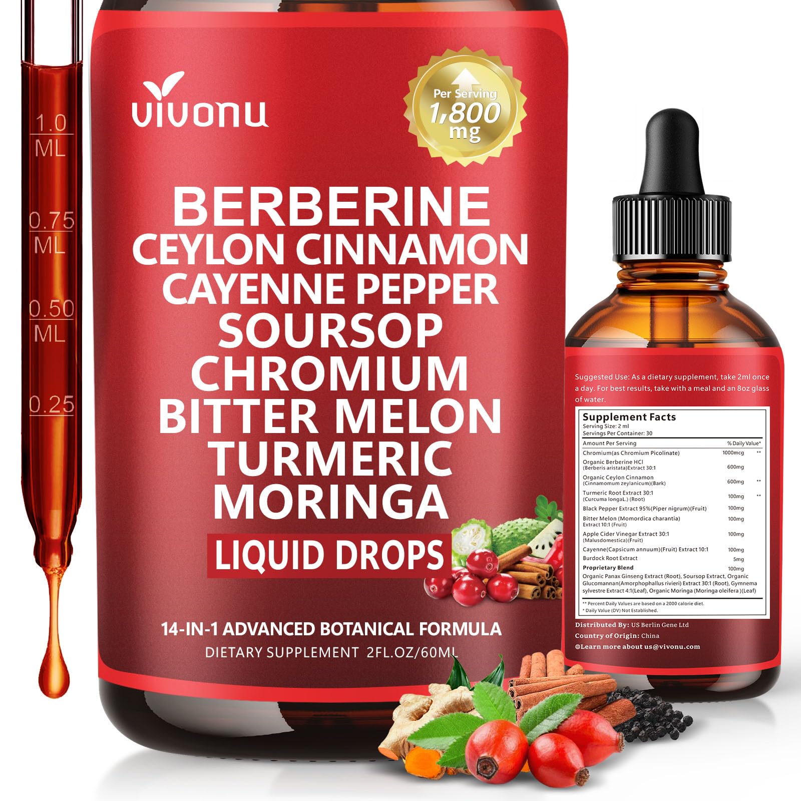 VivoNu Berberin Tropfen - 1800 mg – 60 ml – mit Chrom und Ceylon-Zimt – 100% natürlich – Hohe Bioverfügbarkeit – Vegan & gentechnikfrei