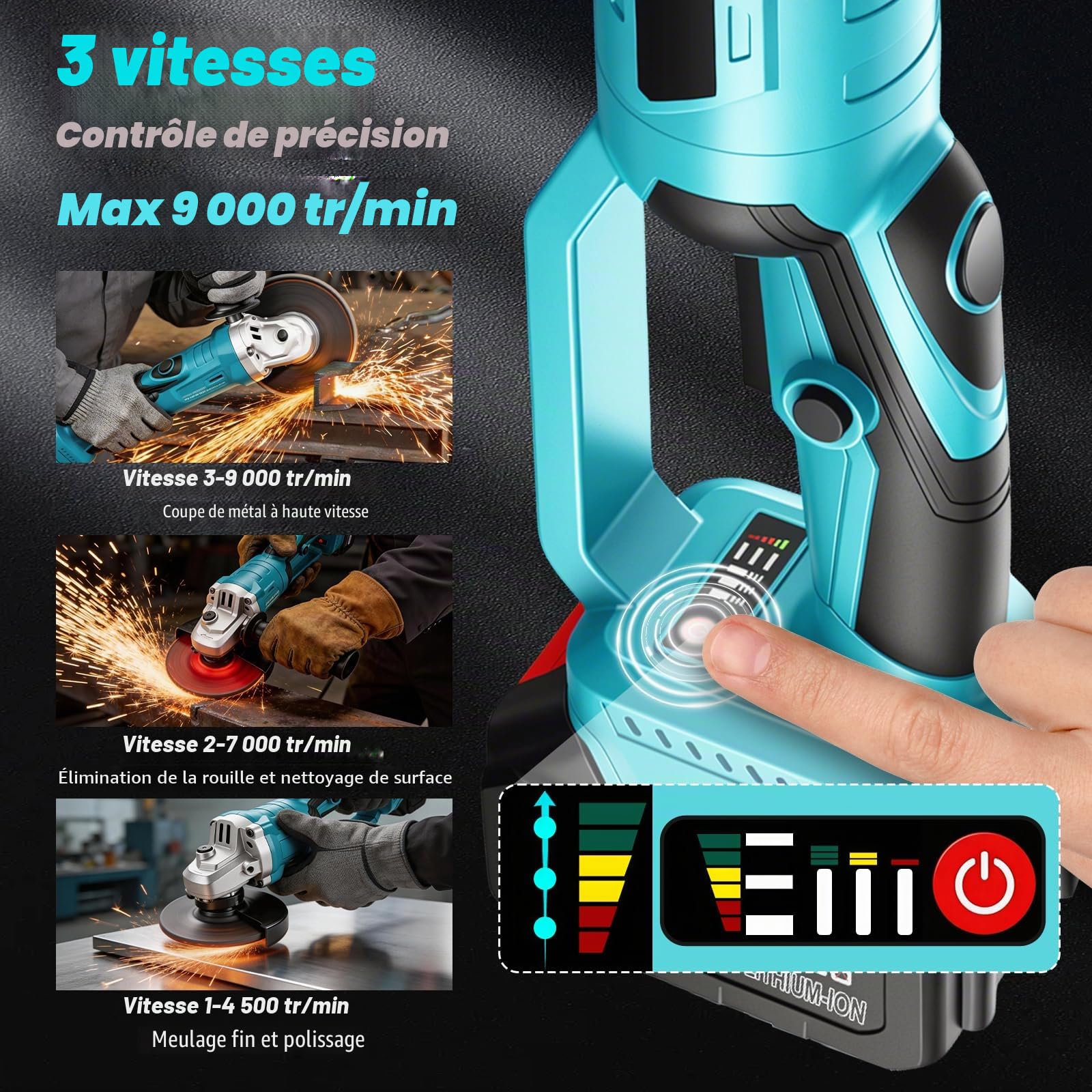 Yofuly Meuleuse d'angle sans fil Compatible avec Batterie Makita 18V, Tête Rotative à 180° | 3 Vitesses | 9000 tr/min 125 mm Disqueuse sans fil avec 6 Disques, 2 Batteries 4,0 Ah pour Meulage/Découpe