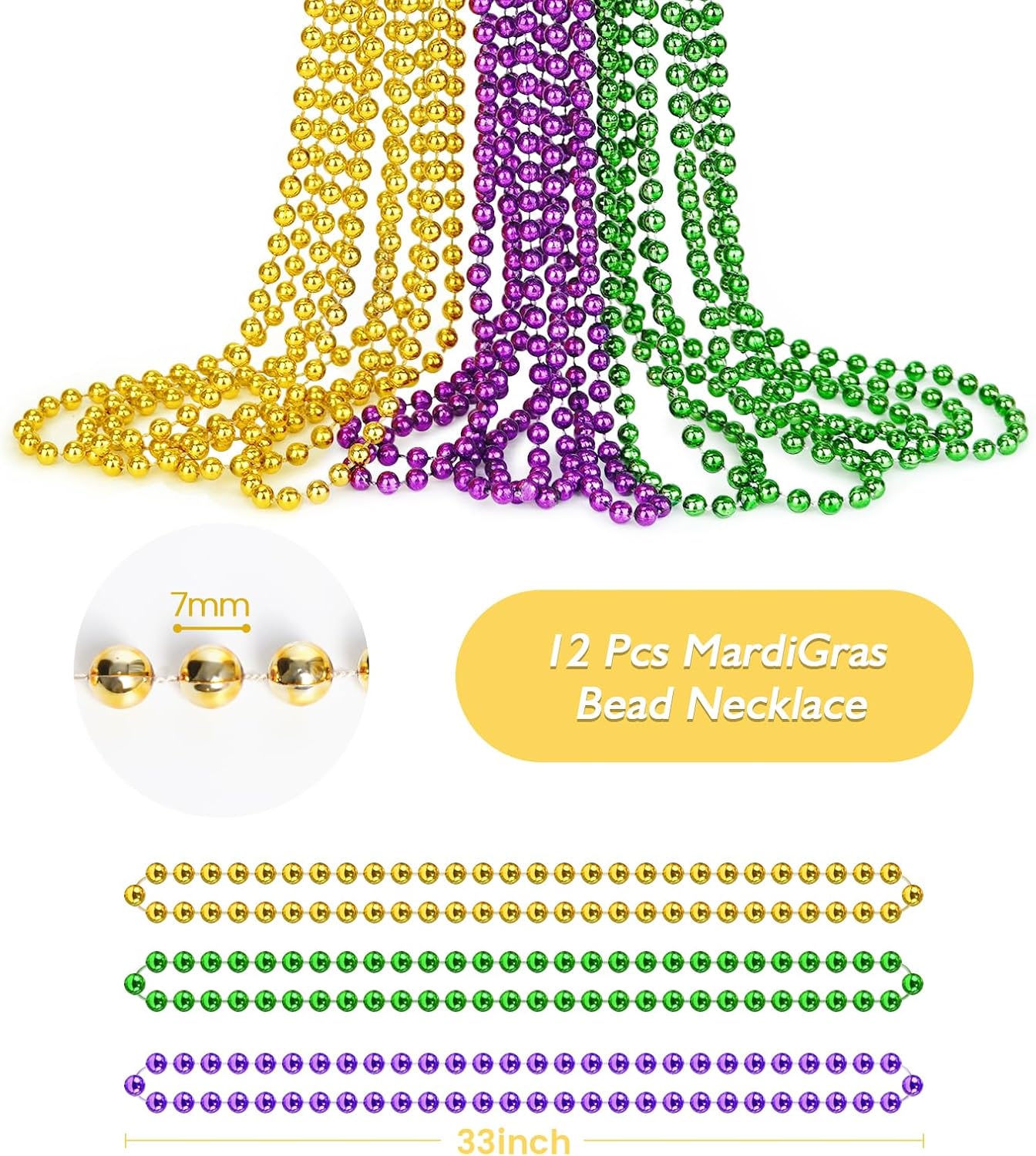 ZZYFGH 12PCS Mardi Gras Beads, Gold Green Purple Mardi Gras Metallic Beads Costumes Necklaces Bulk, 33" Mardi Gras Necklace, Festival Parade Throw Accessories for Wedding Birthday Celebrations Decorations - Image 2