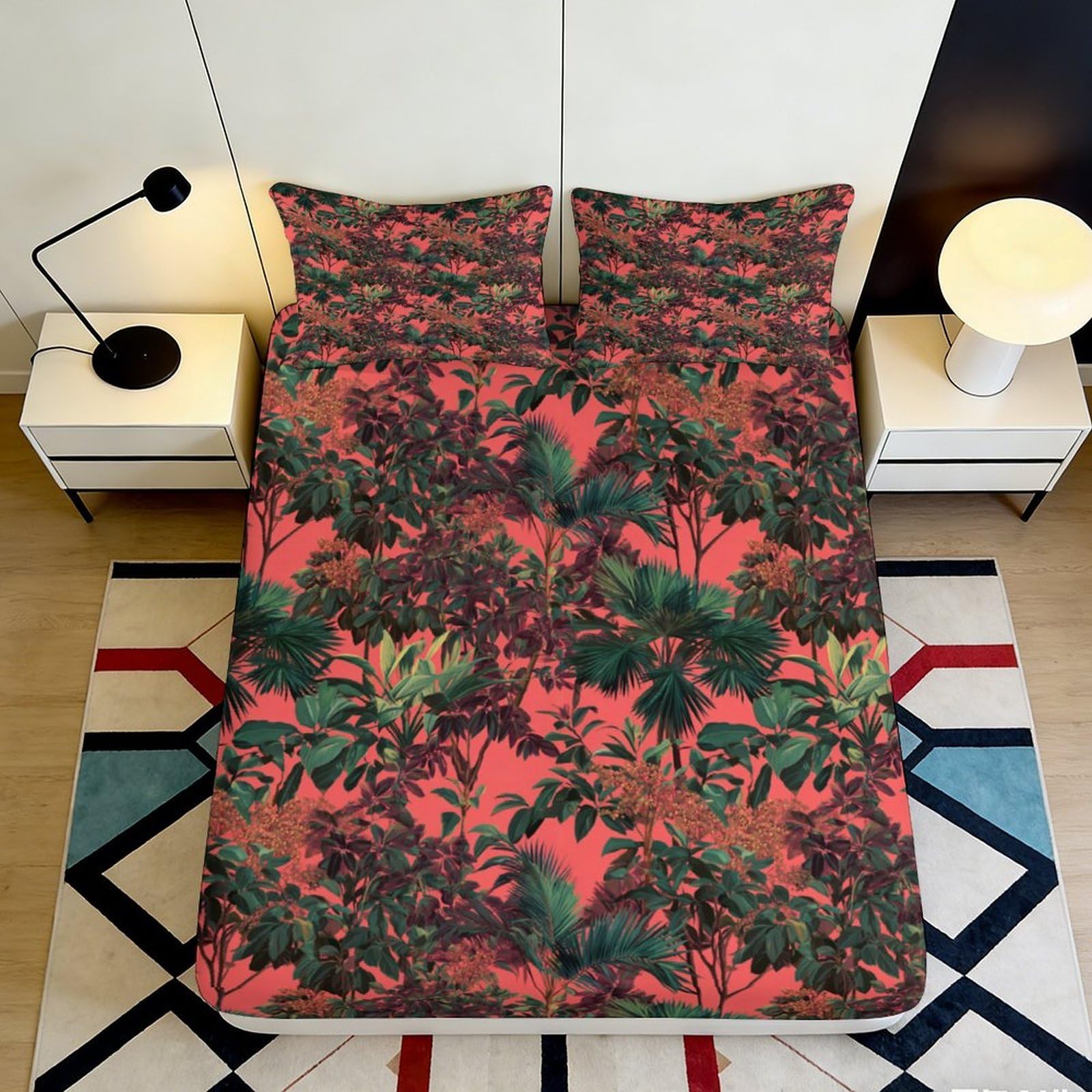 3D Printed Tropical Jungle Fitted Sheet Microfiber Soft Botanical Forest Mattress Cover for Bedroom Dorm Apartment Decor 90x200x25cm