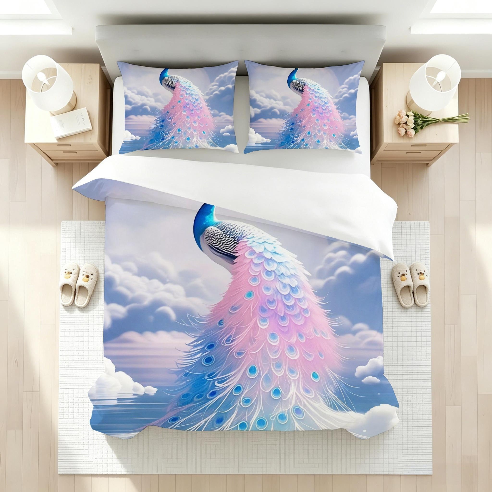 Copripiumino Matrimoniale Pavone Bianco 260x240, ZW804 | Traspiranti Durevoli Microfibra, per Tutta la Famiglia, Matrimoniale, per Tutte le Stagioni, con 2 Federe 50x80 cm