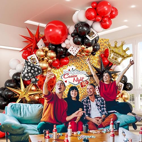 Miniatura 6 de Kit de guirnalda de arco de globos de casino de 165 piezas, globos rojos, negros y dorados con corona en explosión de estrellas, globos de papel de