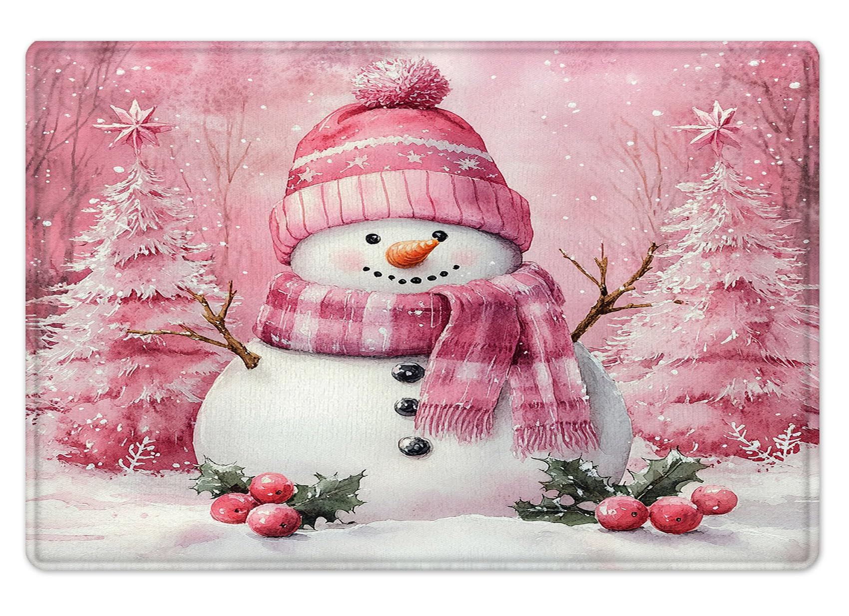 HVEST Pink Christmas Bath Mats for Bathroom Cute Snowman in Pink Pine Tree Forest Bathroom Rugs Non Slip Absorbent Bath Mat Winter Snowflake Door Mats