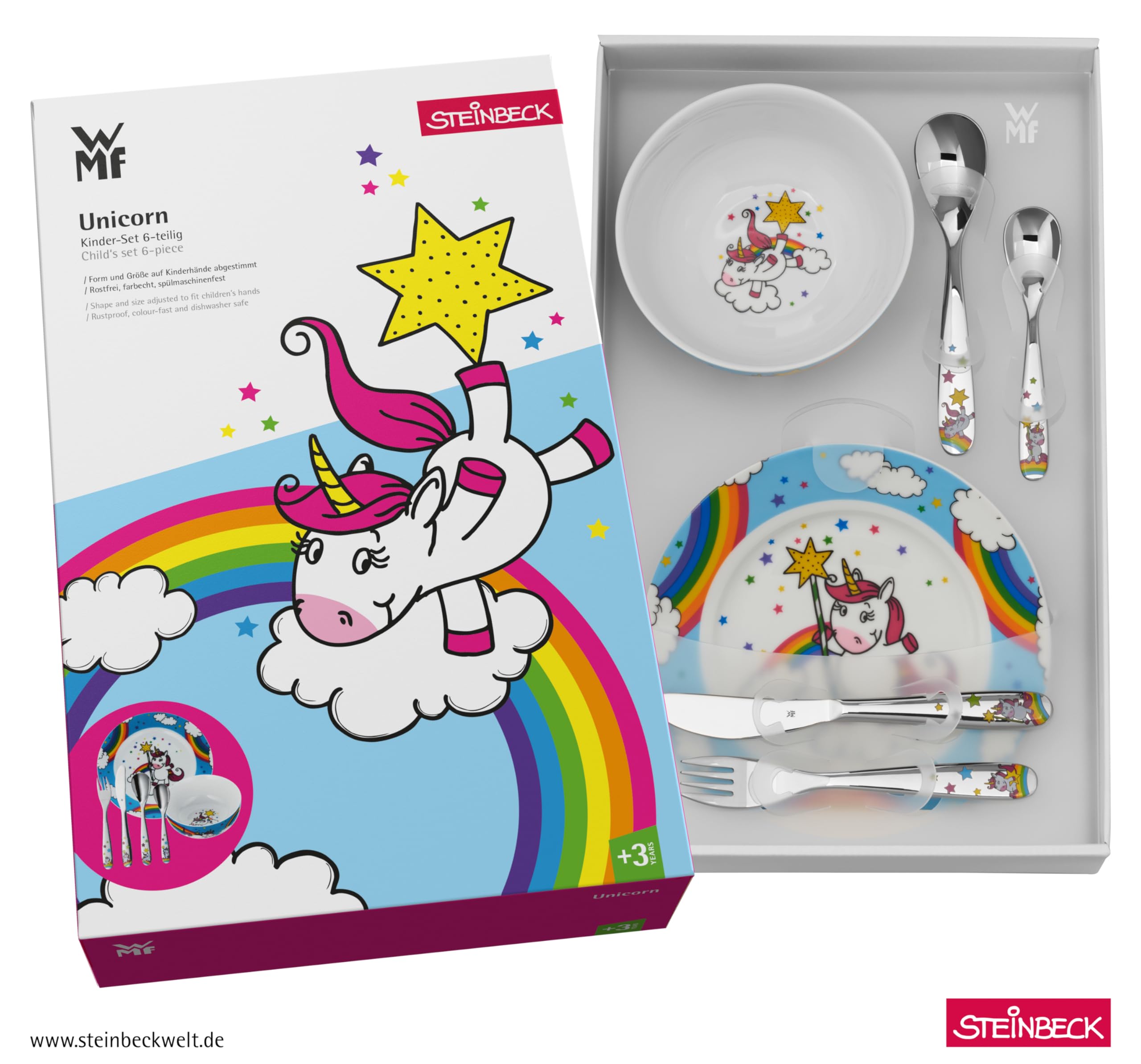 WMF Einhorn Kindergeschirr Set 6-teilig mit Gravur – personalisiertes Kinder Geschirr mit Namen – Geschenk zur Taufe, Geburt oder Geburtstag