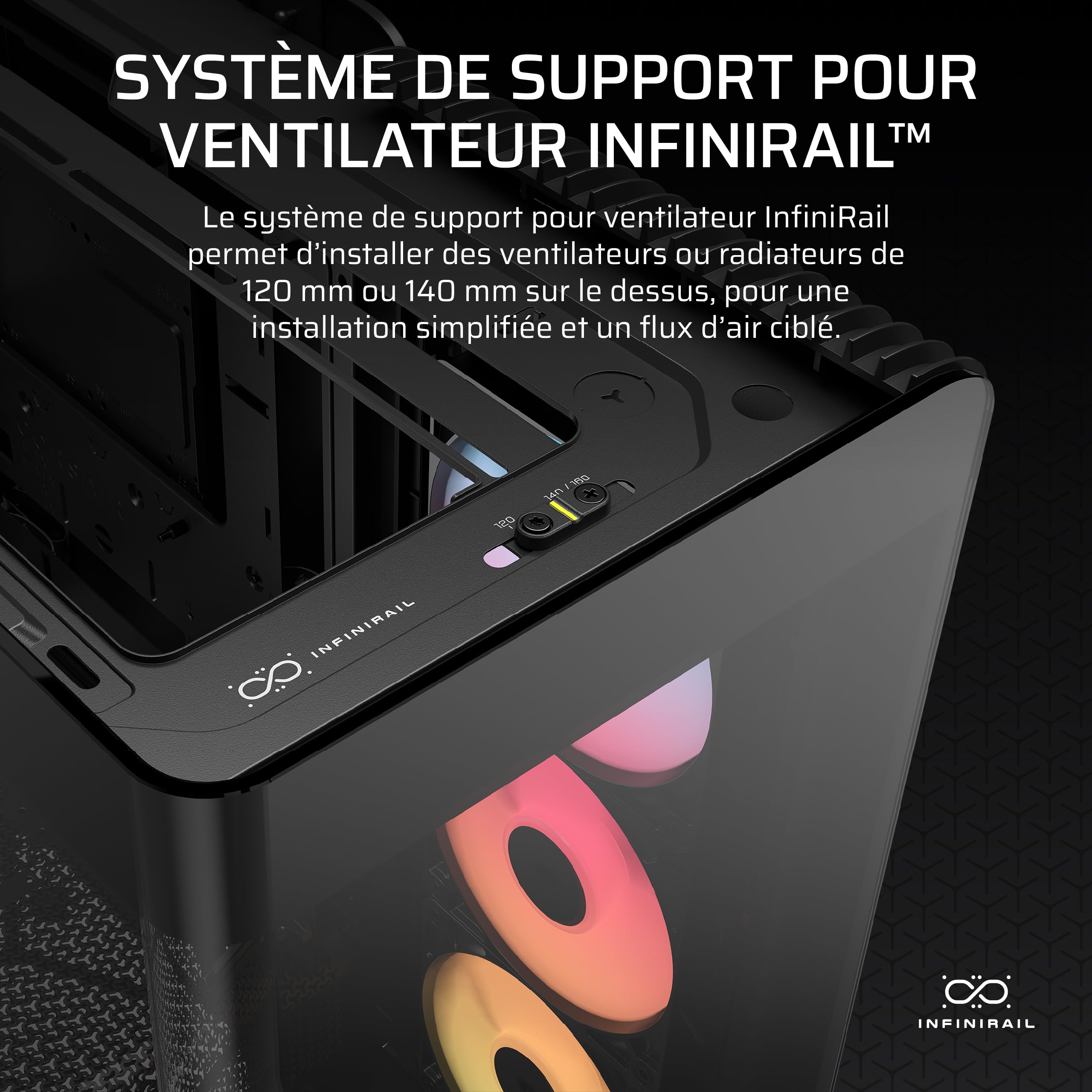 CORSAIR Frame 4500X RS-R ARGB Boîtier PC Moyen-Tour en Verre Panoramique – Système de Fixation du Ventilateur InfiniRail, Peut Accueillir Deux Radiateurs de 360 mm, 3X Ventilateurs RS120-R – Noir