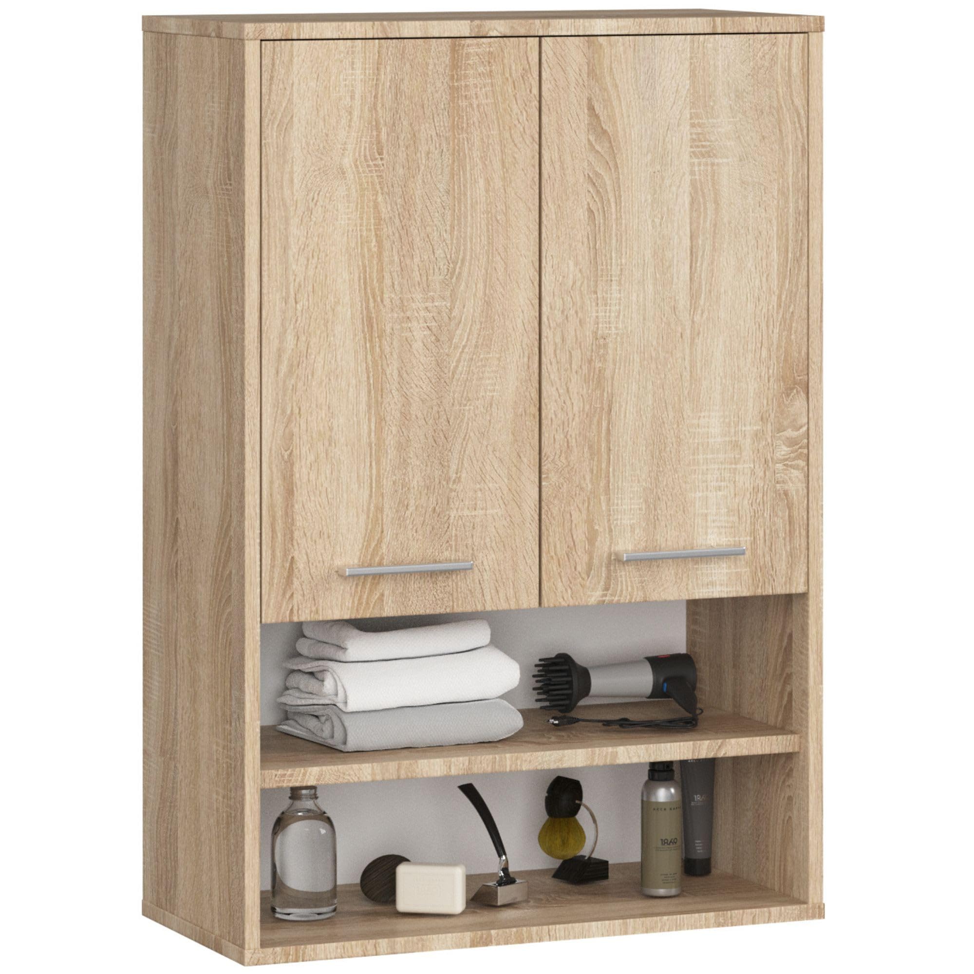 AKORD Meuble Salle de Bain Suspendu Fin 64 cm - 2 Portes, 2 Étagères 2 Compartiments Ouverts - Meuble Haut WC Meubles Suspendus - Armoire Murale Moderne 64x94x30 cm - Chêne de Sonoma