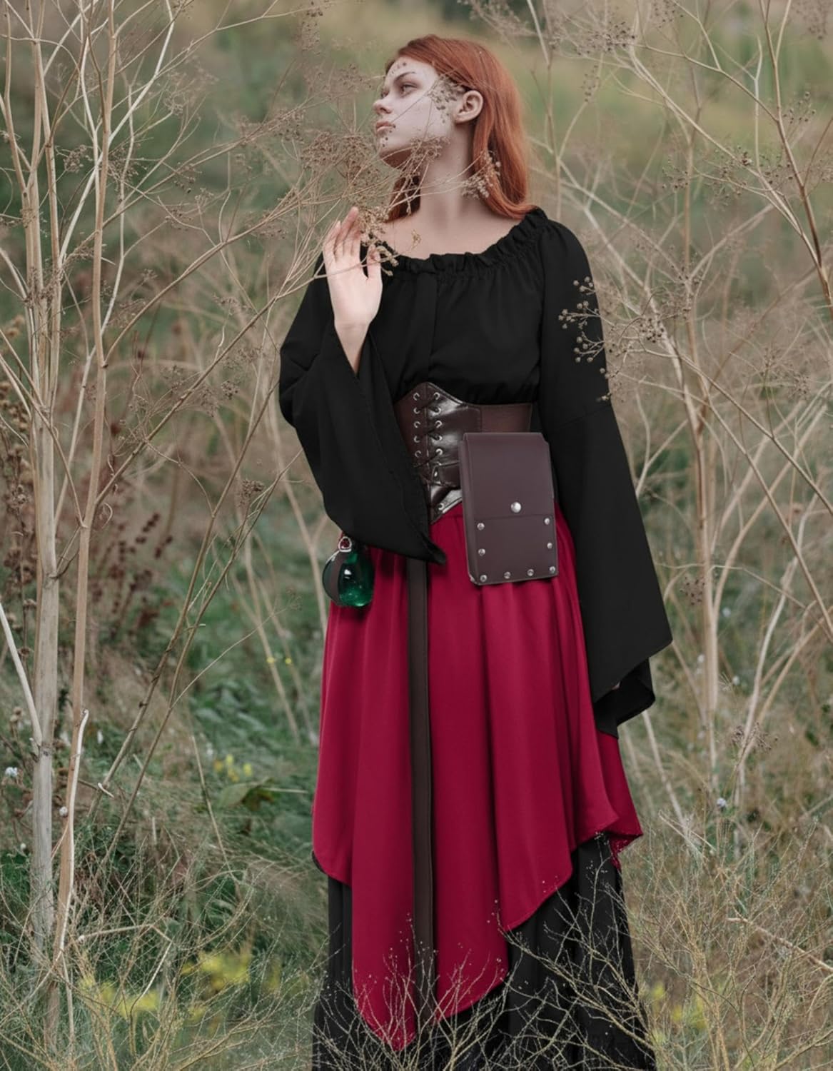Hillban Women Medieval Renaissance Dress Costume Halloween Blouse Top Skirt Pouch Bottle Corset Belt - Image 5