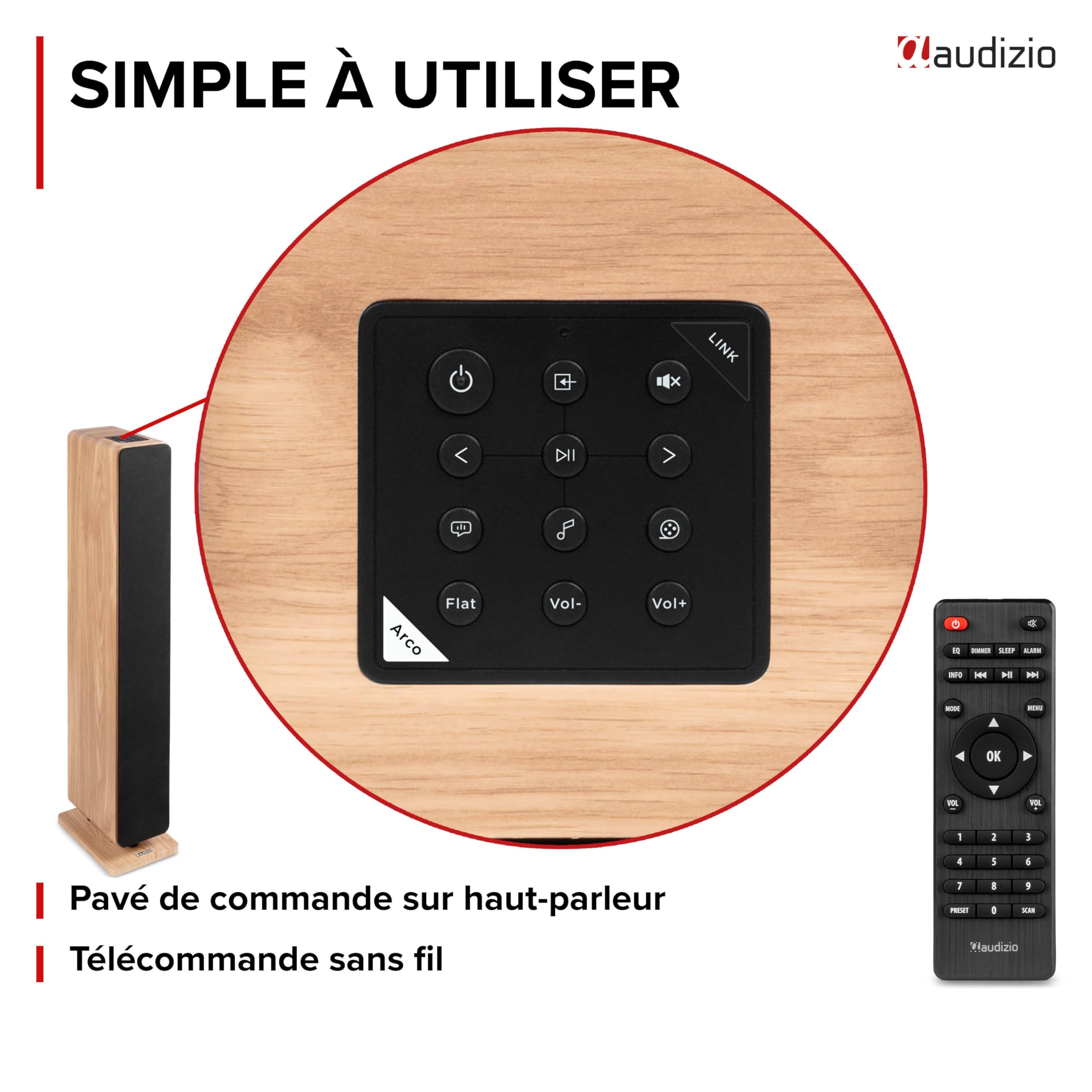 Audizio ARCO Tour de Son Hi-FI Stéréo 320W Chêne Clair - Pack Enceintes Colonnes Active + Passive avec BT, USB et Optique Tour de Son Design pour Salon, TV et Musique