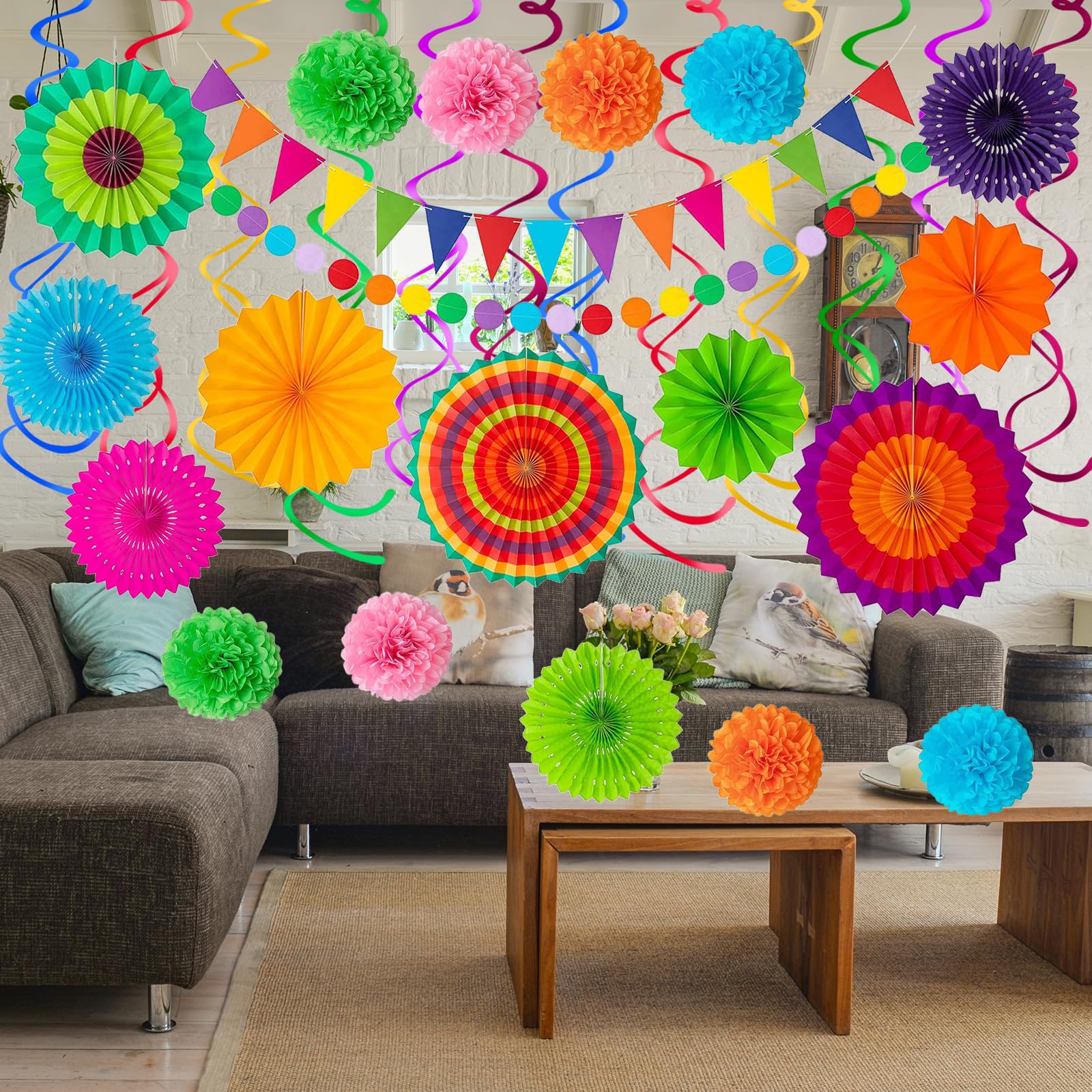 Cinco De Mayo dekoracje imprezowe dekoracje fiesta wielokolorowe papierowe wachlarze girlandy proporczyk pompony wiszące wiry na urodziny ślub tęcza meksykańska impreza