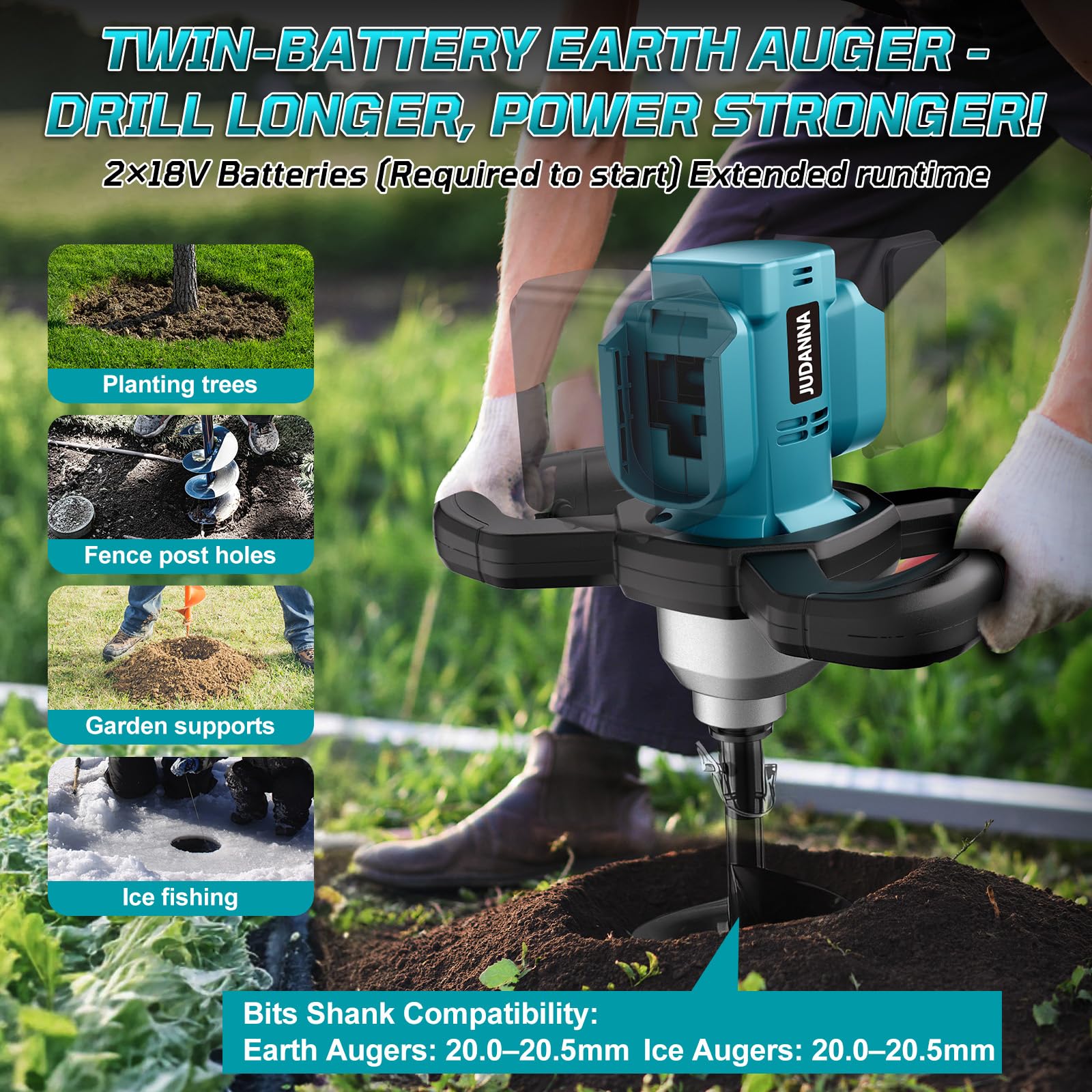 Professional Akku-Erdbohrer für Makita 18V Akku (ohne Akku), Erdlochbohrer | Pfahlbohrer Bürstenloser Motor für Gartenbau/Pfahlsetzung, Kompatibel mit 20 mm gemahlenen Bohrerbits, Eisbohrbits,