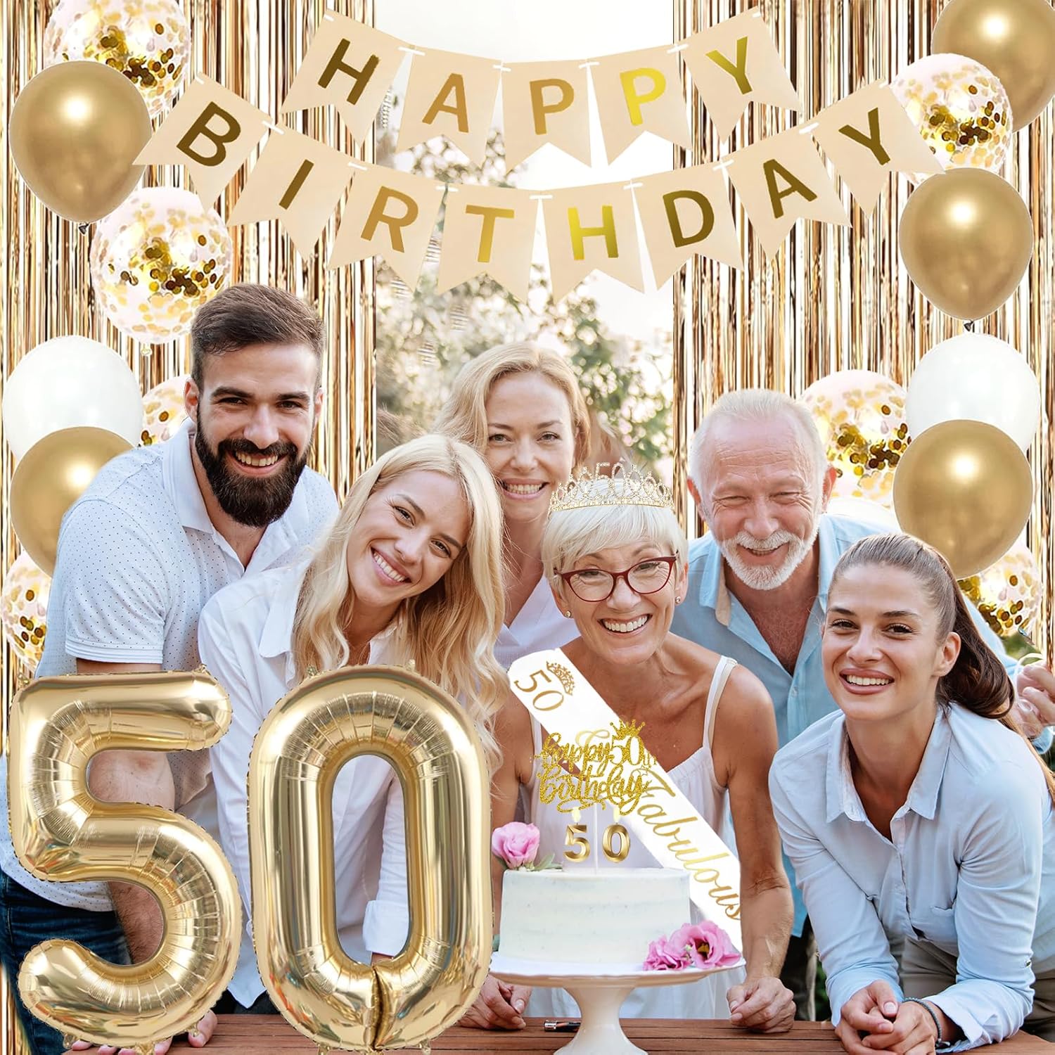 Trgowaul 50th Birthday Decorations for Women, Banner, Sash and Crown, Cake Topper, 50 Number Balloon, Fringe Curtains, Champagne Gold 50th Birthday Party Supplies - Image 6