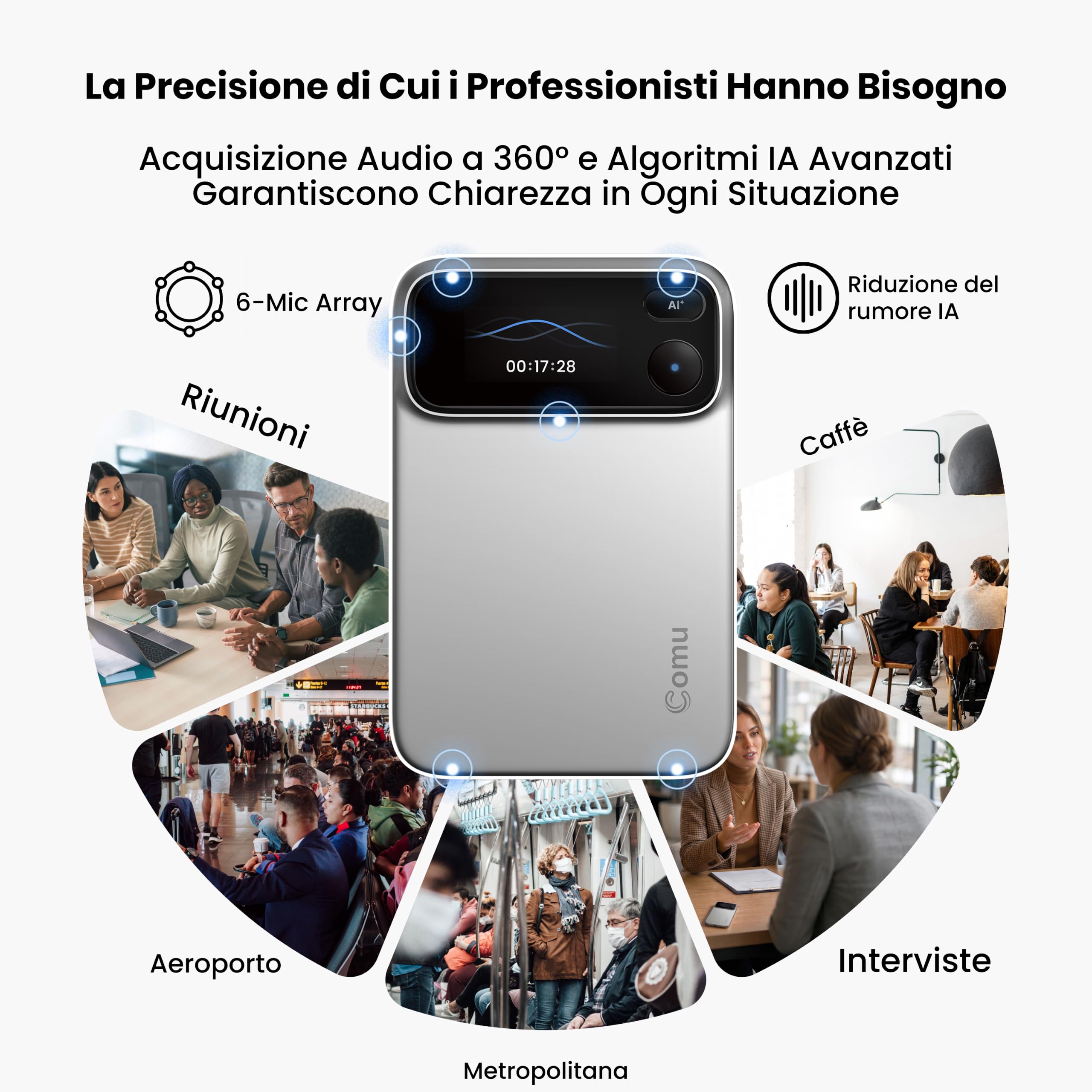 Comu Action Pro Registratore Vocale AI, Assistente Intelligente per Note