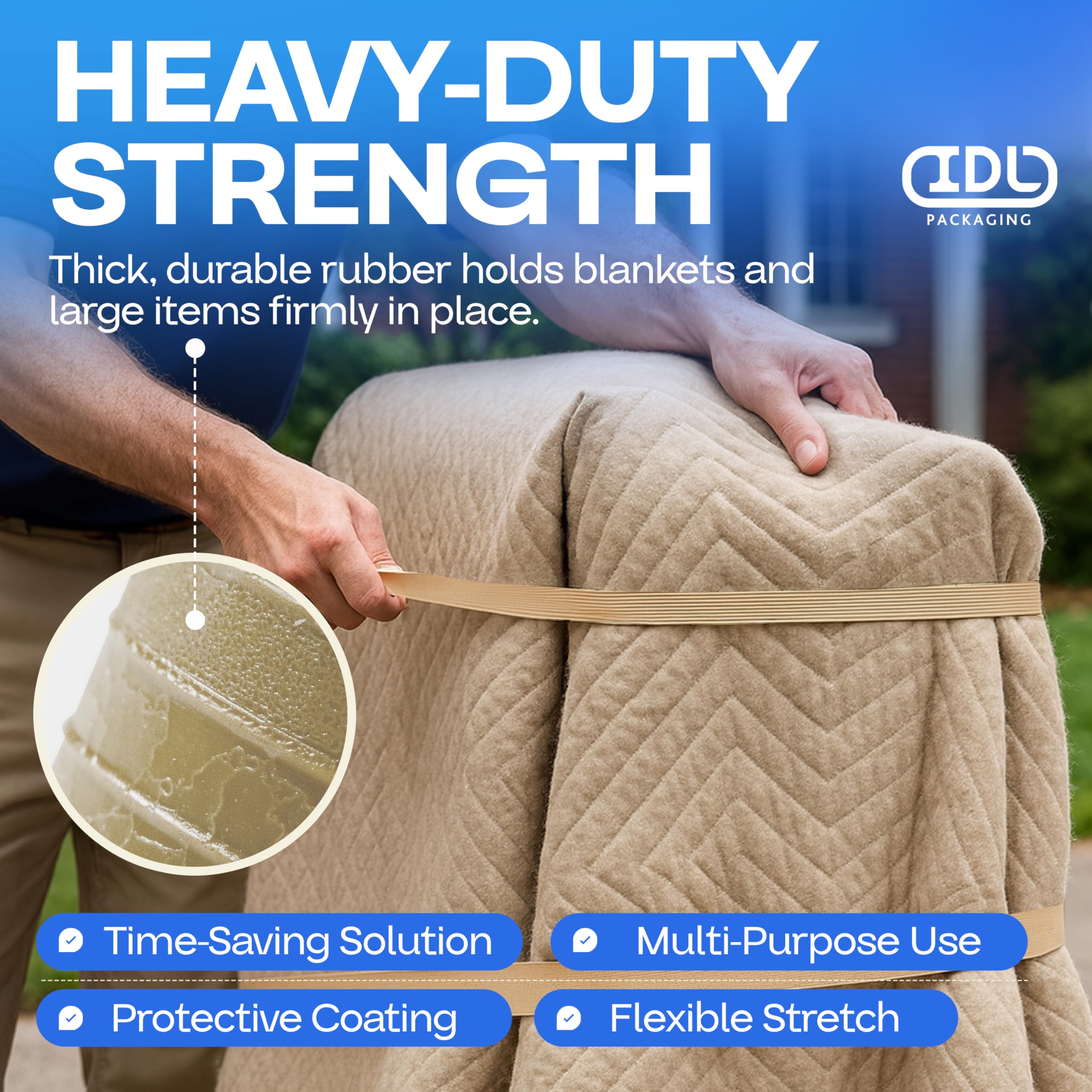 IDL Packaging Elastici in gomma resistenti, elastici e flessibili, 213,4 cm, confezione da 12, blu, 2 elastici, 80% gomma naturale, fasce extra forti per mobili, scatole, coperte per traslochi