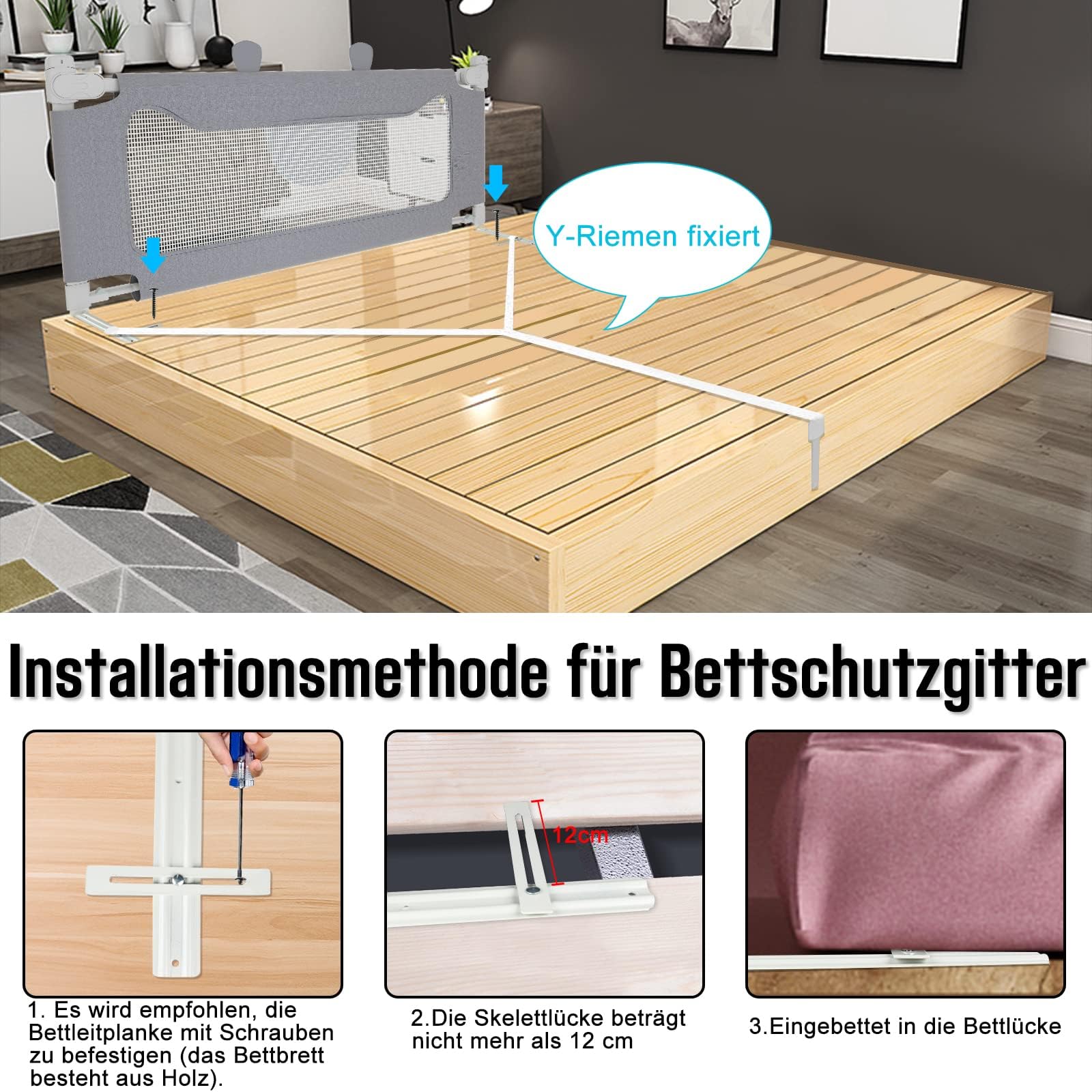 TWOLIIN - Barrière De Lit Extensible 150 Cm - Hauteur Réglable 73-93 Cm - Sécurité Anti-chute Bébé/enfant - Gris