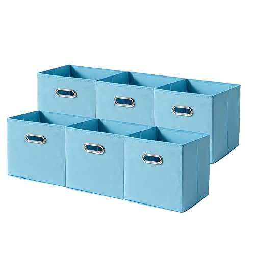 EITMOW 6 Pack Open Fabric Storage Bins with Metal Handle, 10.6x10.6x11 Inch Foldable Cube Organizer Baskets for Closet Shelf Cabinet, Collapsible Fabric Boxes for Home Storage (Sky blue)